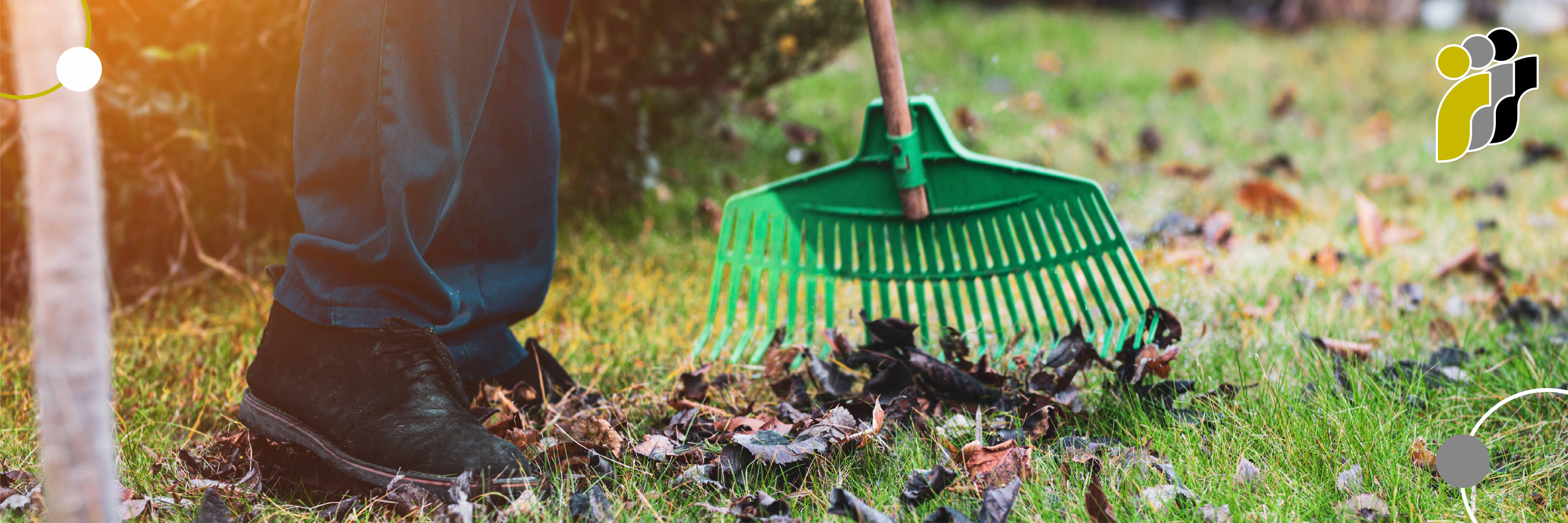 Eine Person in schwarzen Schuhen und dunkler Hose harkt mit einem grünen Plastikrechen trockenes Laub auf grünem Gras zusammen.