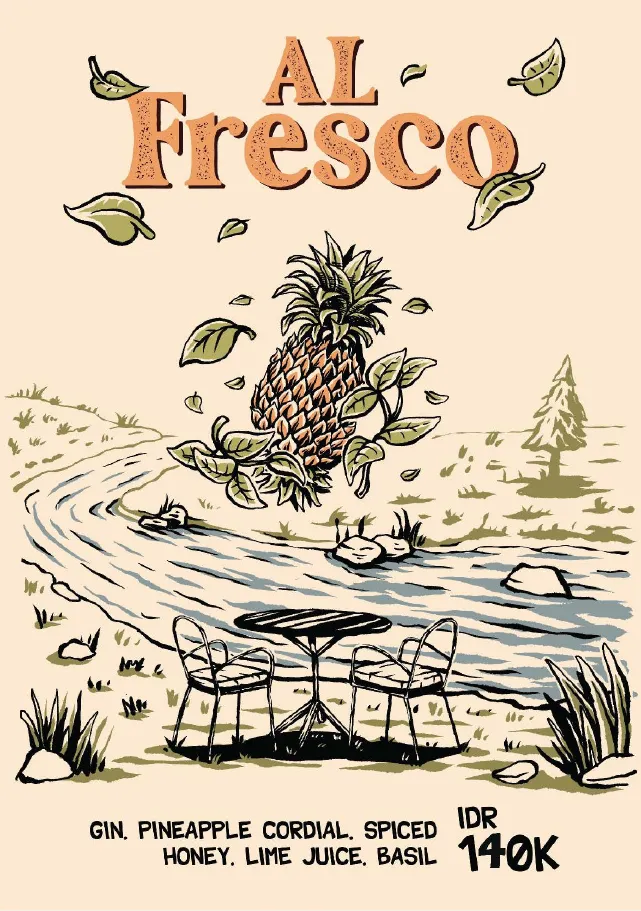 Al Fresco gin cocktail with pineapple, spiced honey and basil, IDR 140K