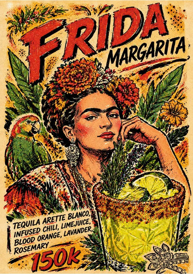Frida Margarita with chili-infused tequila, blood orange and lavender, IDR 150K