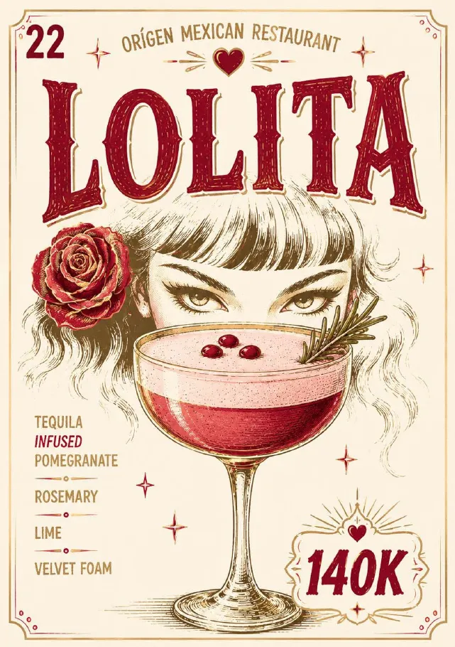 Lolita cocktail with pomegranate-infused tequila and rosemary, IDR 140K