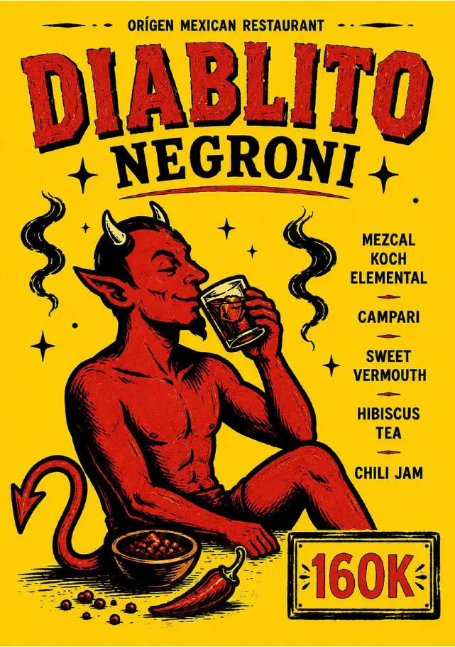 Diablito Negroni with mezcal, Campari, hibiscus tea and chili jam, IDR 160K