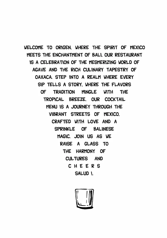 Drinks menu welcome note: where the spirit of Mexico meets the magic of Bali