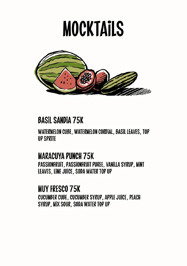 Mocktails menu: Basil Sandía, Maracuyá Punch and Muy Fresco, IDR 75K