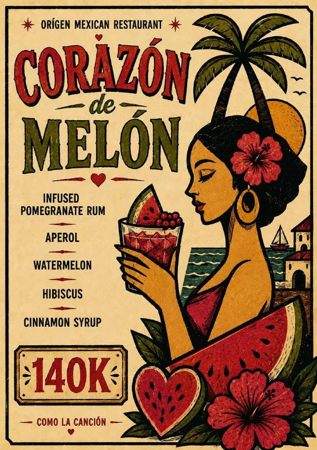 Corazón de Melón with pomegranate rum, Aperol and watermelon, IDR 140K