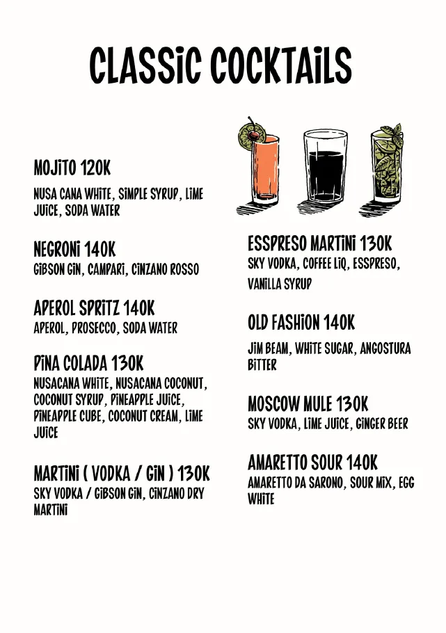 Classic cocktails menu: mojito, negroni, Aperol spritz, piña colada and espresso martini