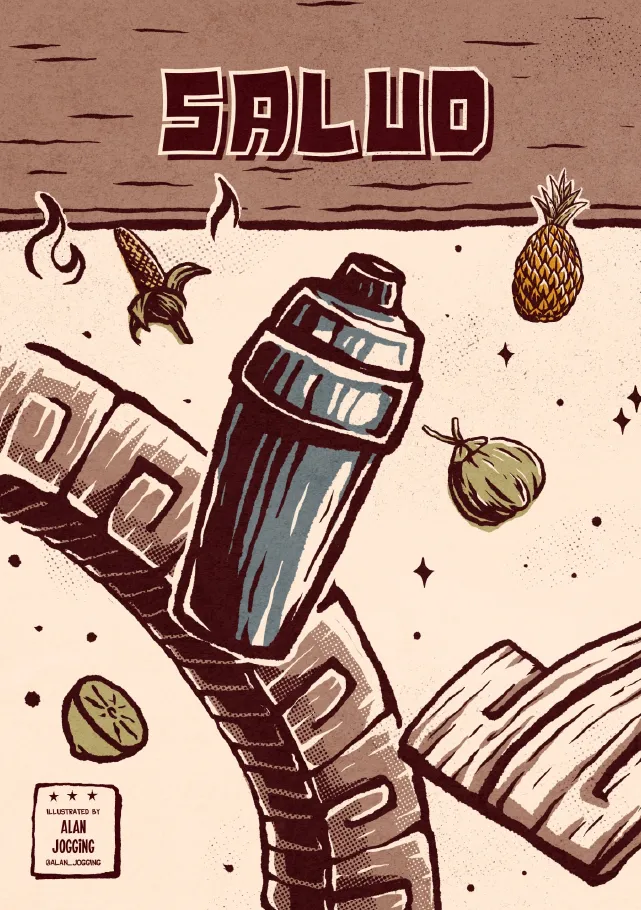 Drinks menu back cover reading Salud, with an illustrated cocktail shaker, pineapple and lime