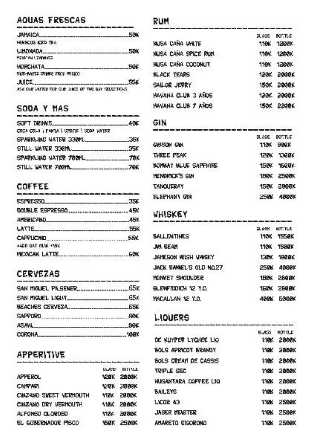 Drinks price list: aguas frescas, soft drinks, coffee, beer, aperitivo, rum, gin, whiskey and liqueurs
