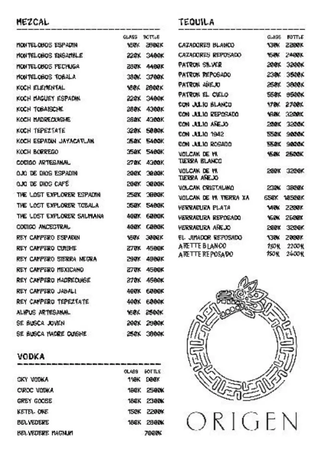 Mezcal and tequila price list by the glass and bottle