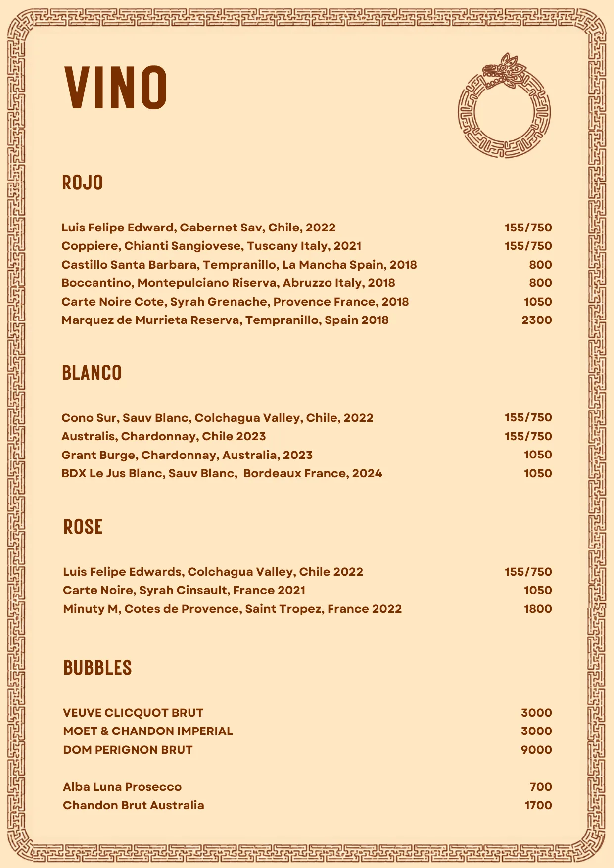 Origen Bali wine list: red, rosé, white and sparkling wines by the glass and bottle