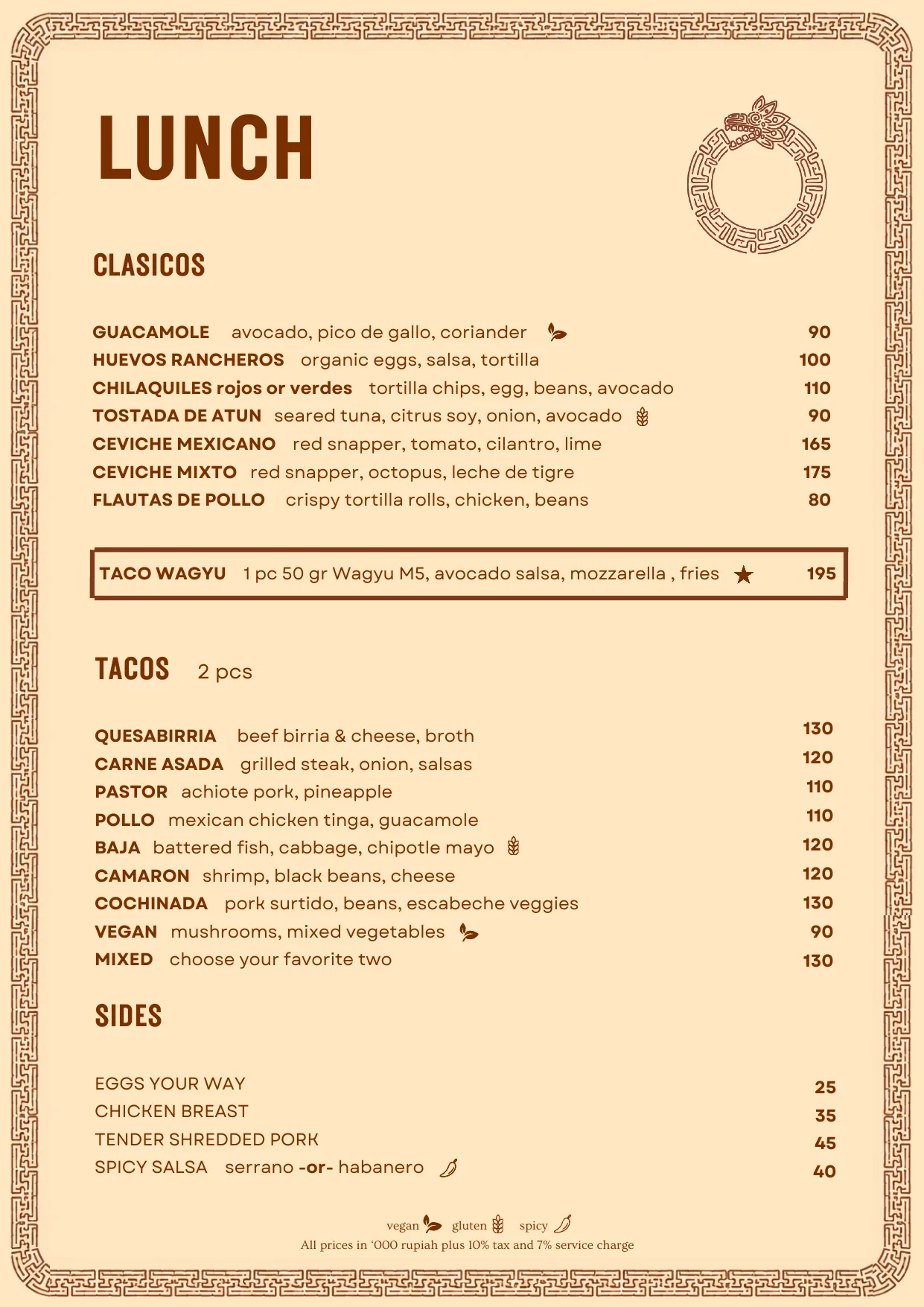 Origen Bali lunch menu: chilaquiles, huevos rancheros, ceviche, Wagyu taco and tacos