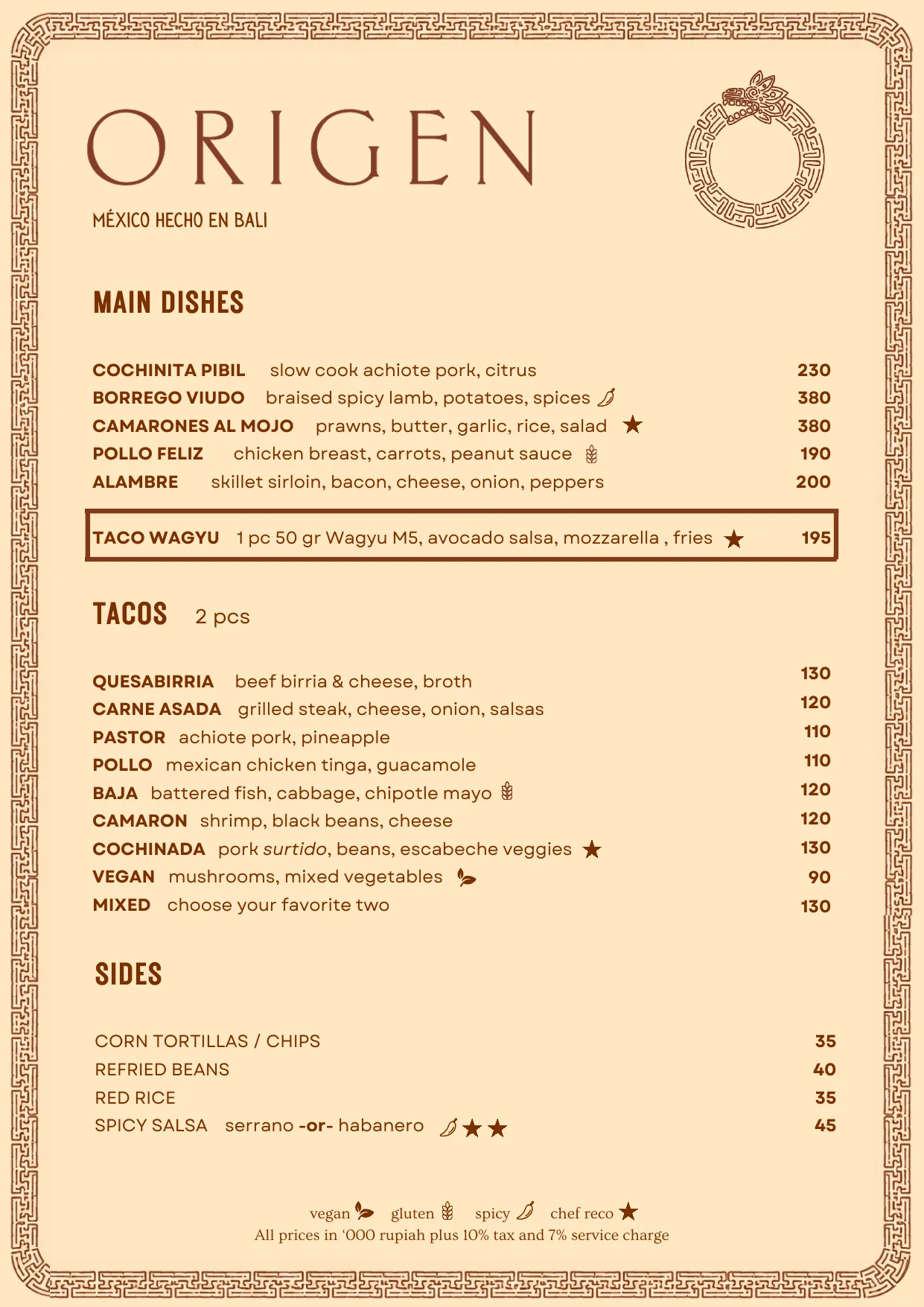 Origen Bali food menu page 1: starters, guacamole, ceviche, tacos and enchiladas