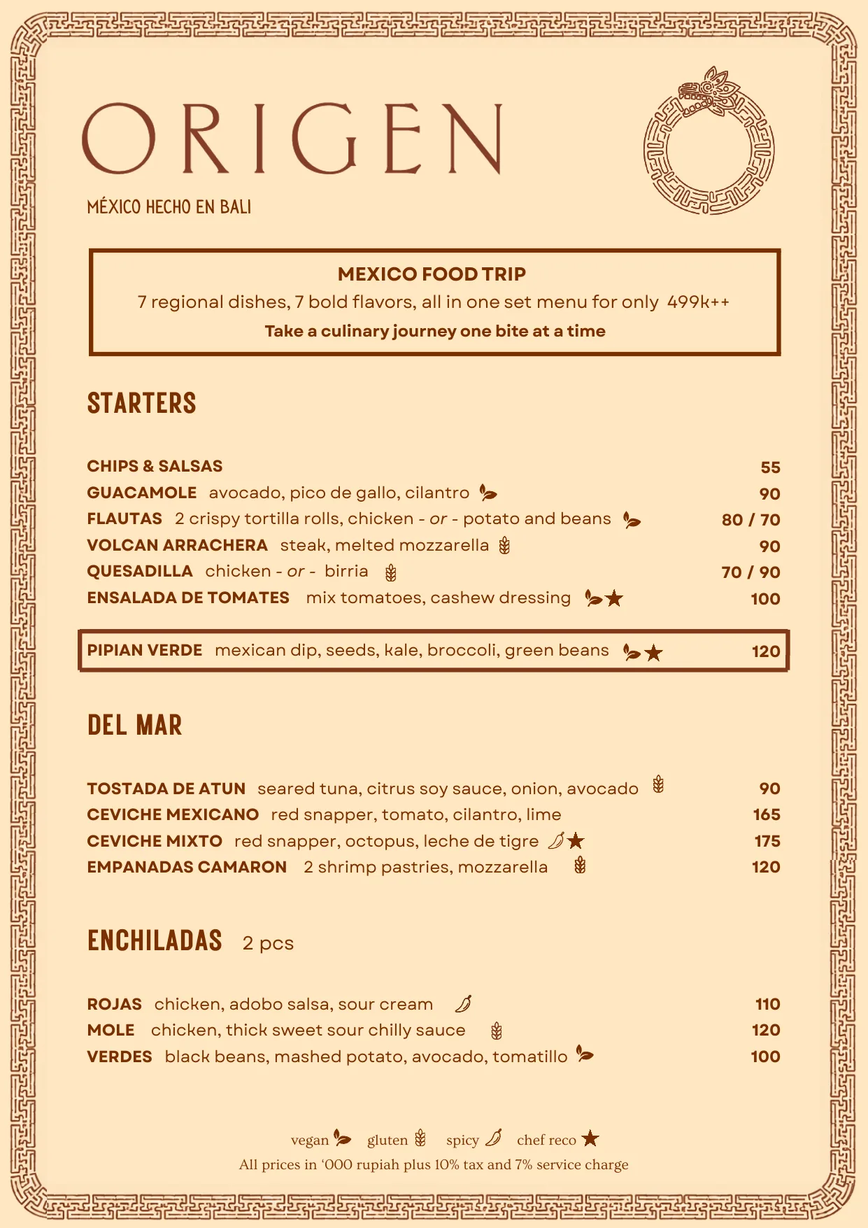 Origen Bali food menu page 2: main dishes including cochinita pibil, Wagyu taco and sides