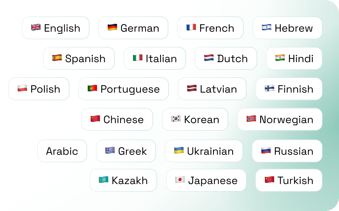 A grid displaying language names with corresponding flags, including English, German, French, Hebrew, Spanish, Italian, Dutch, Hindi, Polish, Portuguese, Latvian, Finnish, Chinese, Korean, Norwegian, Arabic, Greek, Ukrainian, Russian, Kazakh, Japanese, and Turkish.