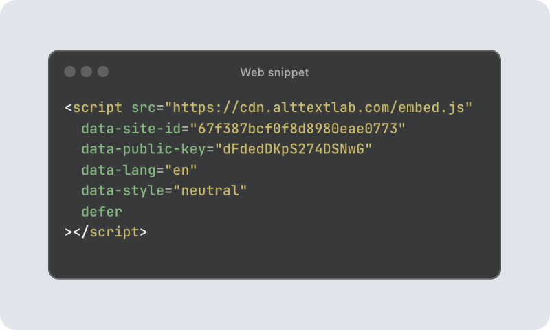 A computer screen displaying a code snippet for embedding a script with attributes for a web application. The background is light gray, and the code is in a dark window format.