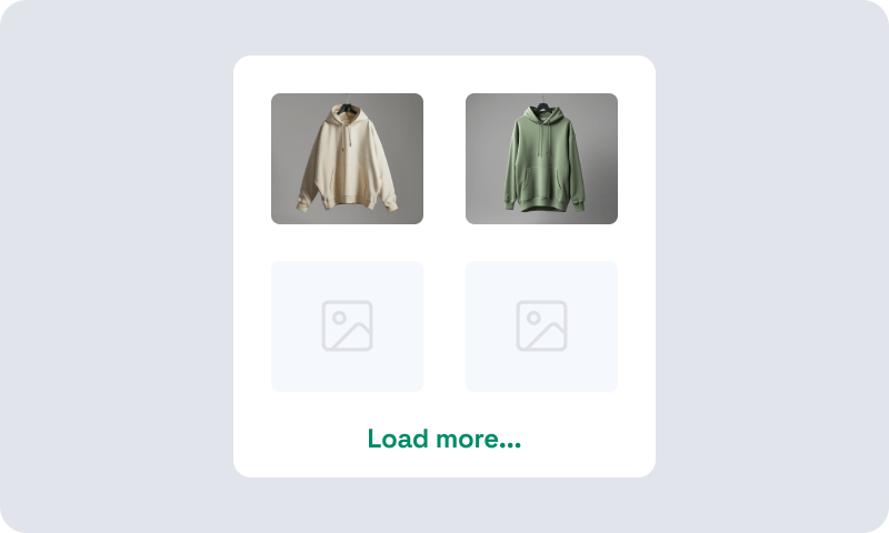 Two sweatshirts displayed: one beige and one green, shown on a grey background. Below are two empty image placeholders labeled 'Load more...'.