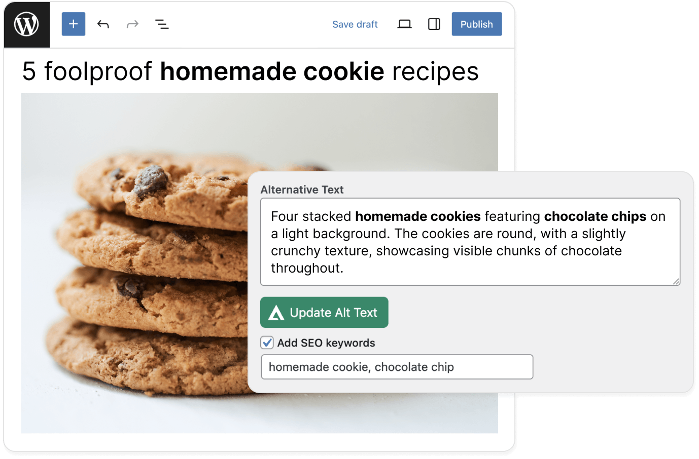 WordPress alt text plugin interface showing cookies.