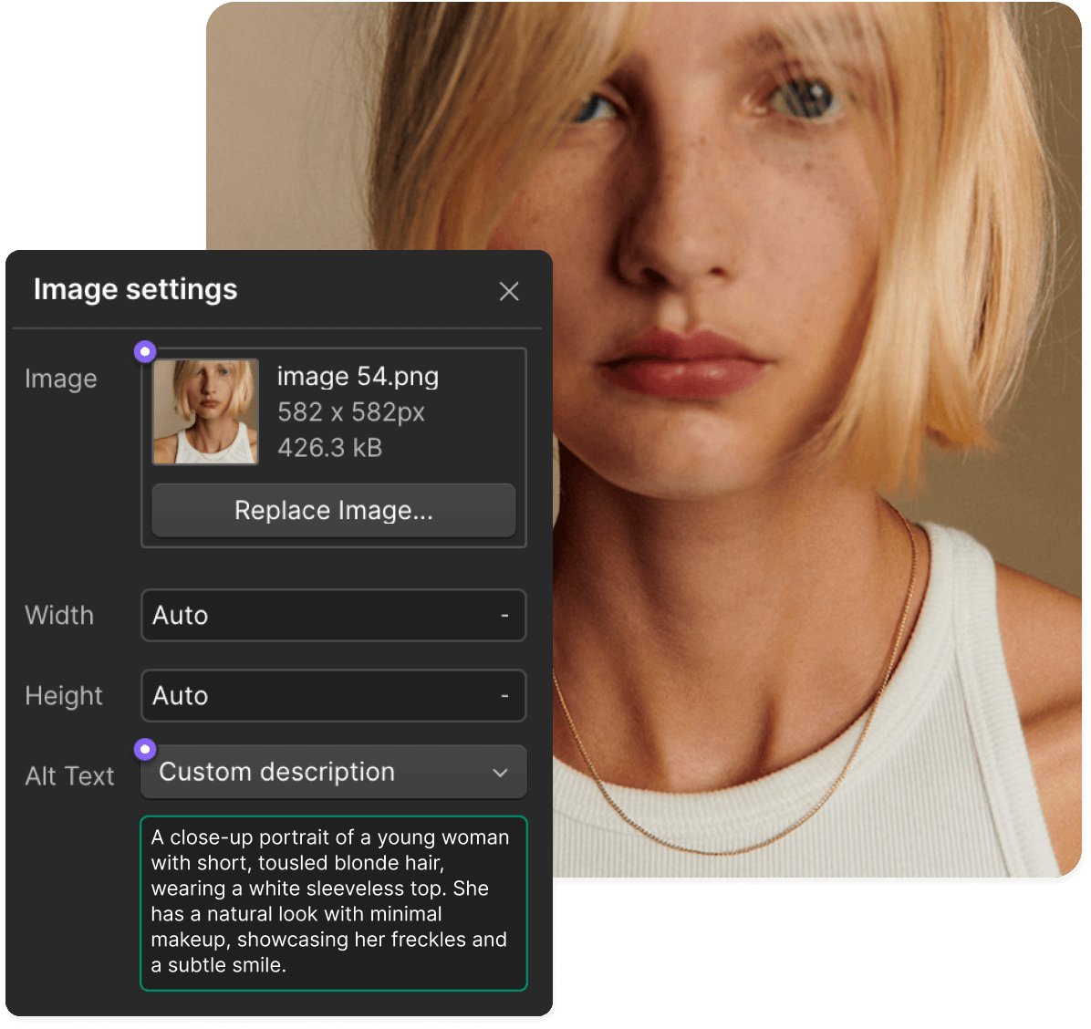 Webflow image settings interface with portrait.