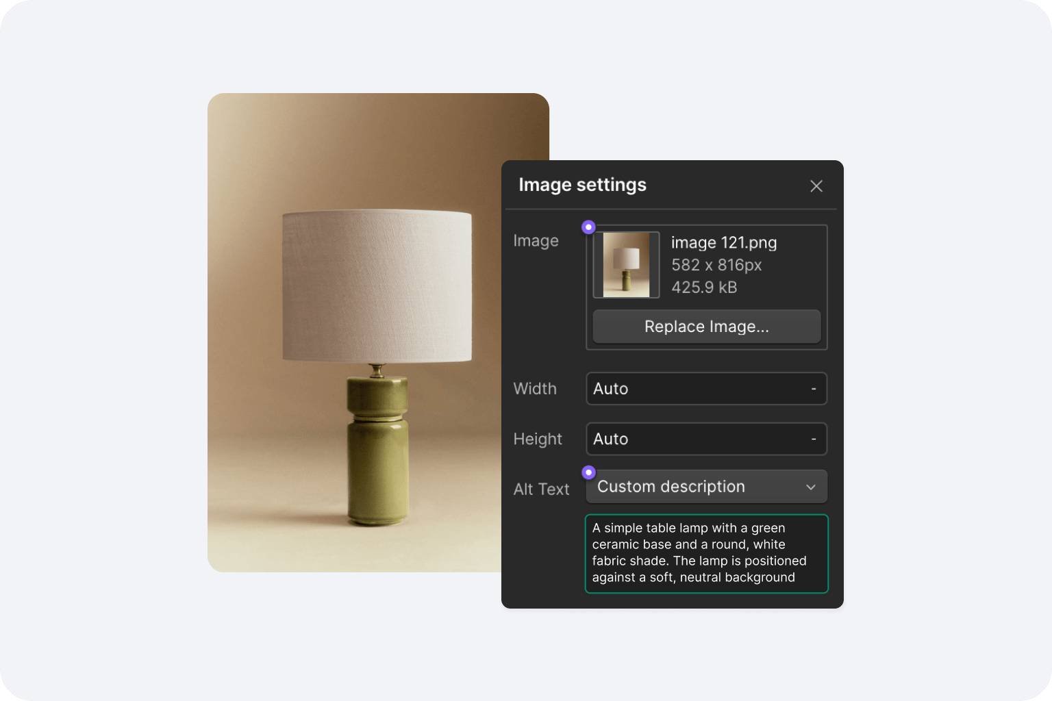 Webflow image settings interface with a lamp.