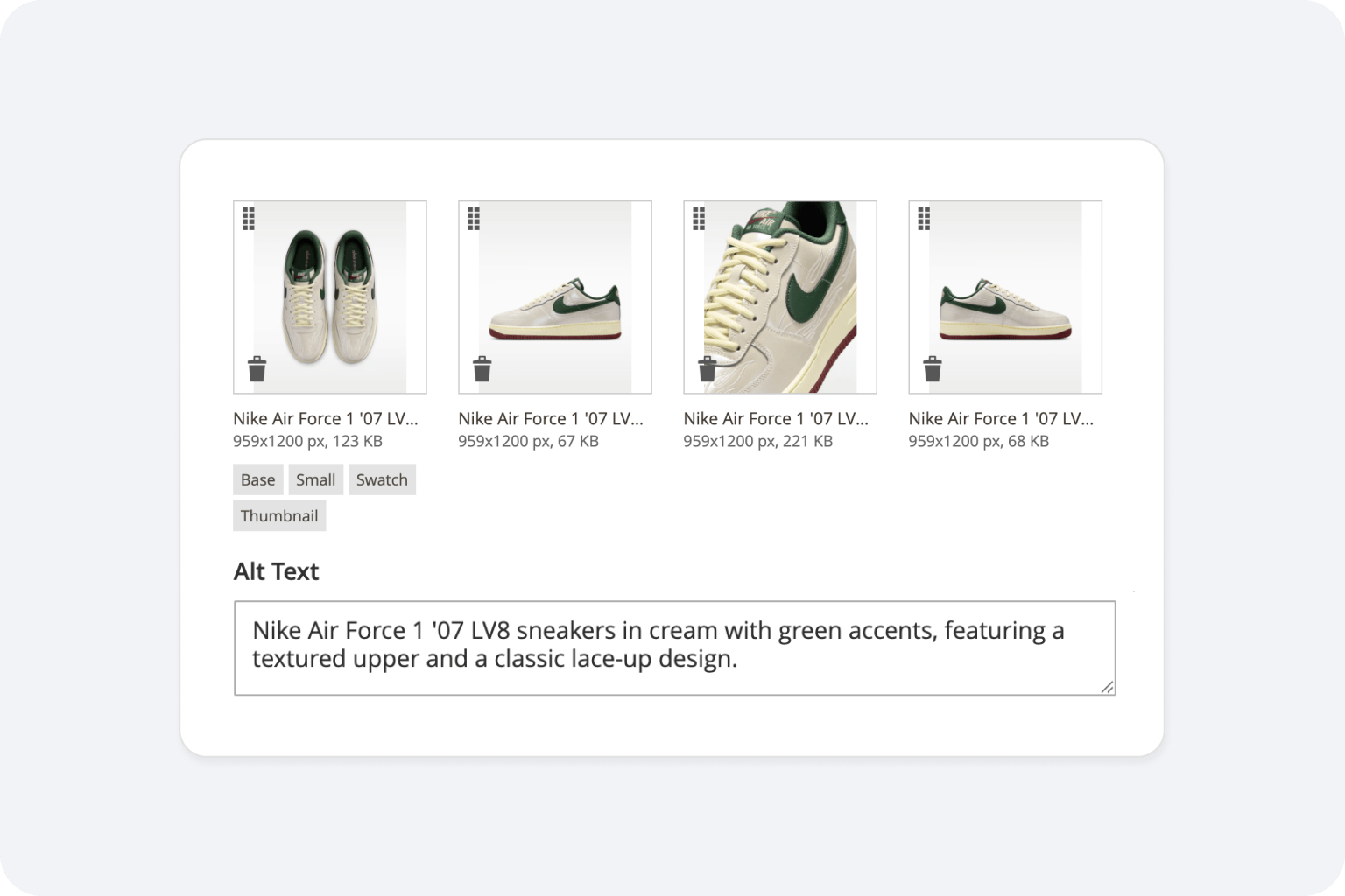 Nike Air Force 1 sneakers in cream and green.