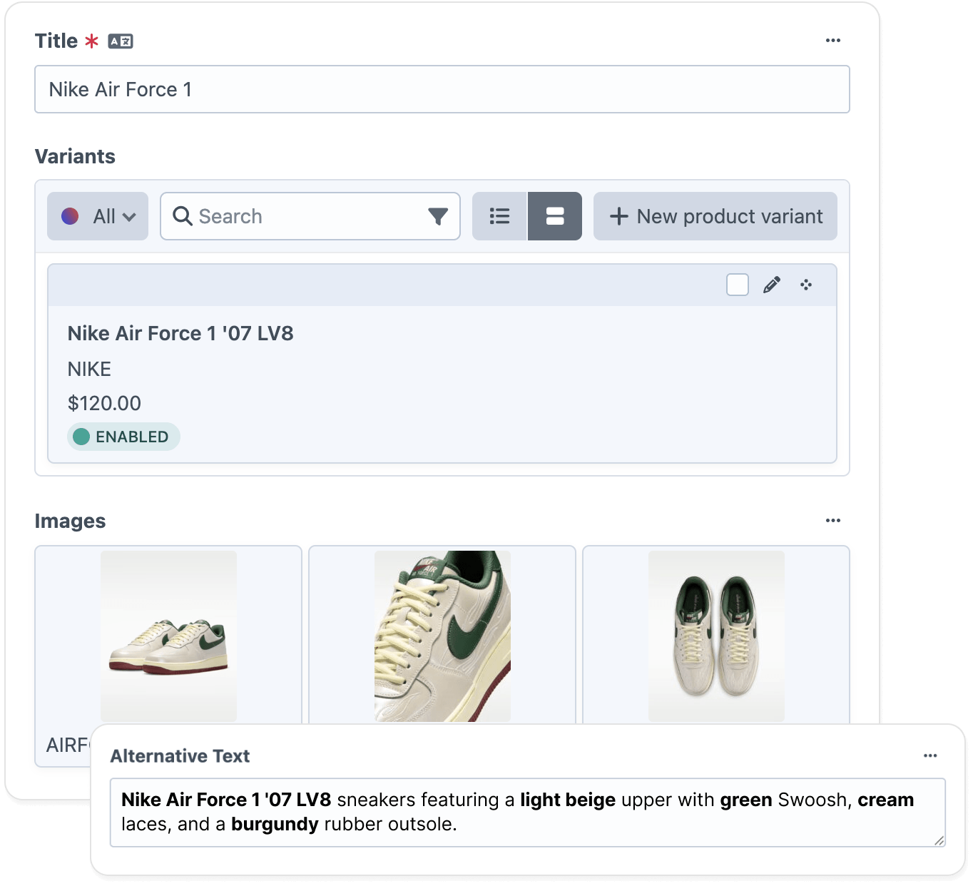 Craft Commerce product entry with AltTextLab generating alt text using the product name, colour, and material from the entry data