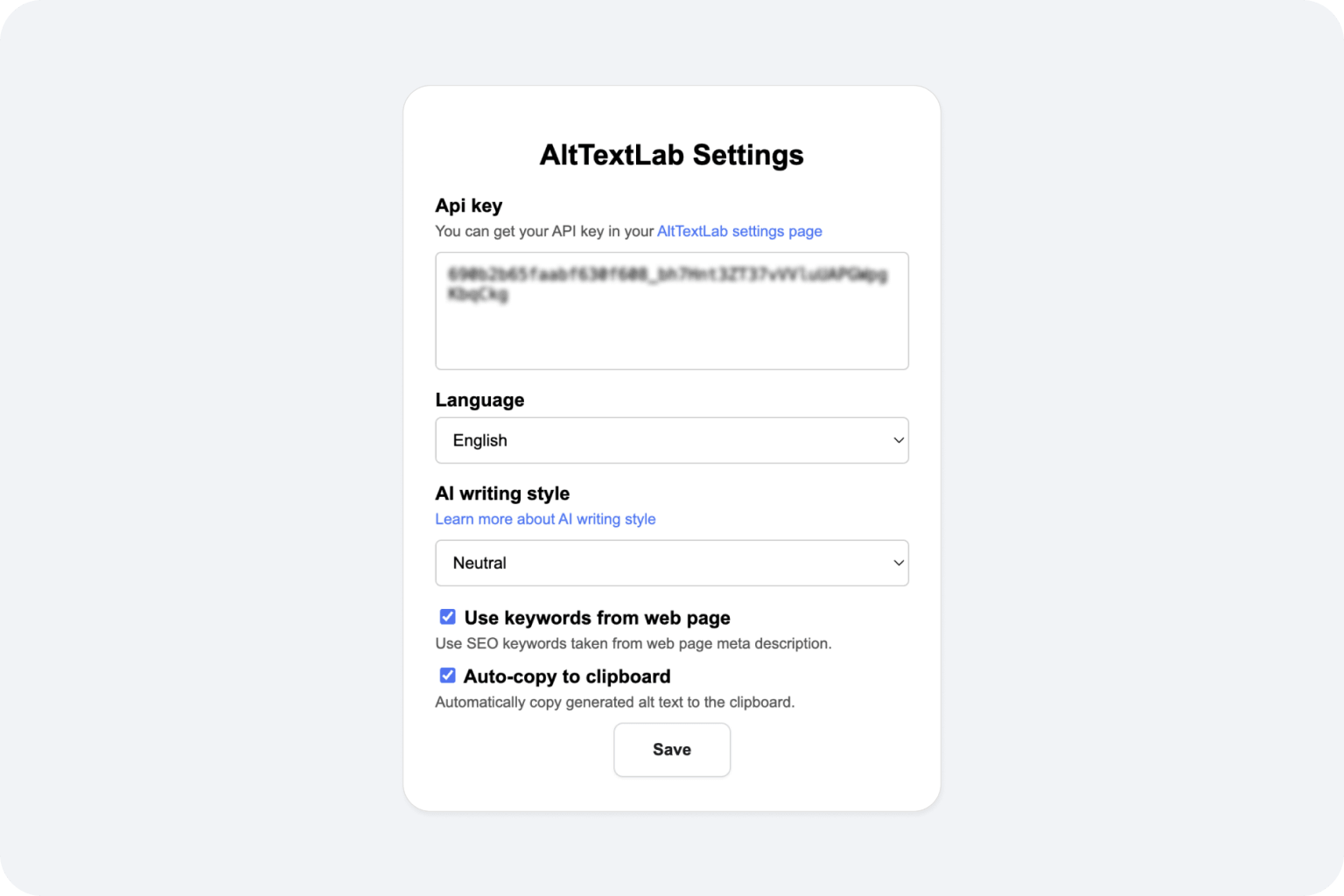 AltTextLab Chrome extension settings panel showing API key field, language, writing style, and auto-copy options
