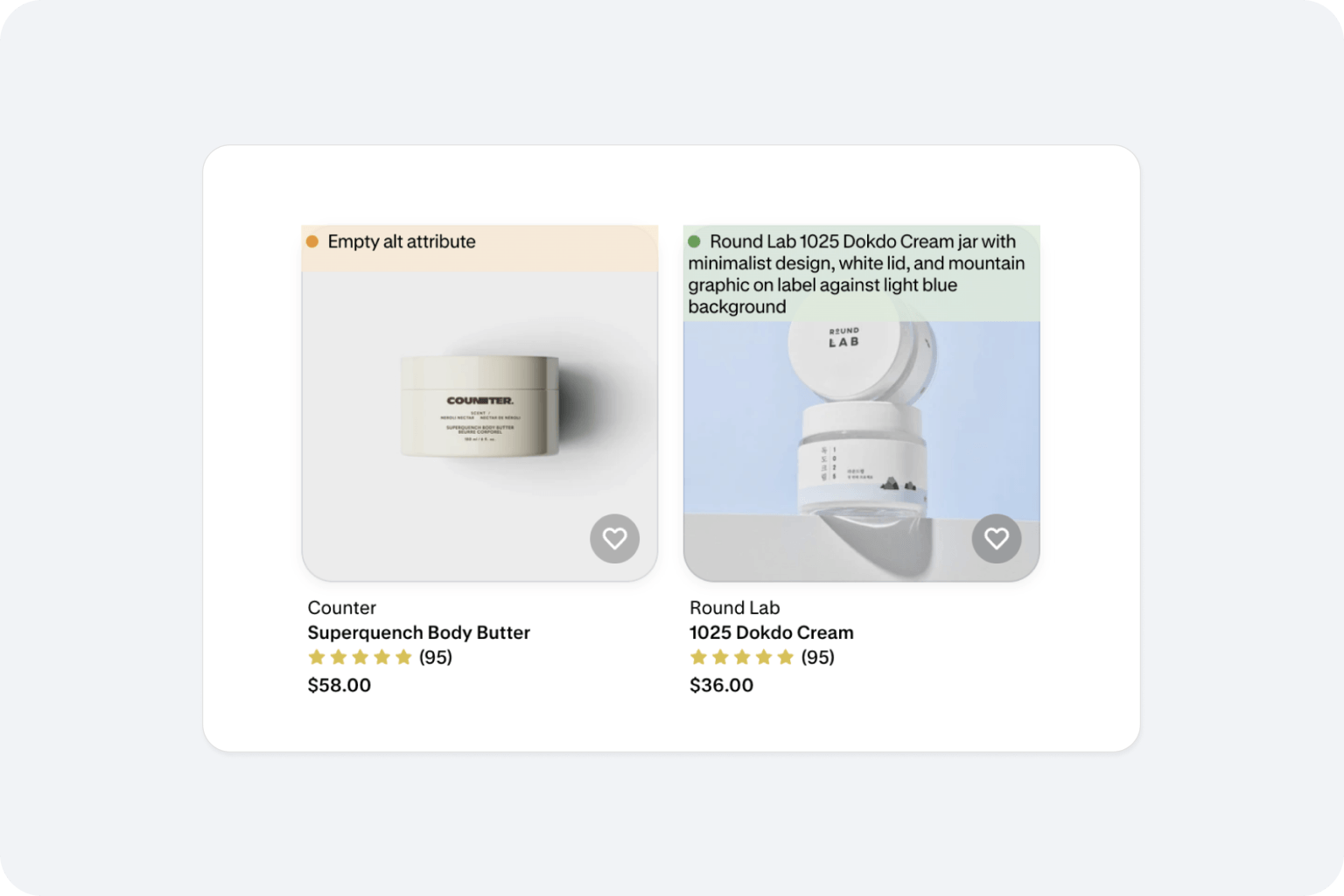 Product grid showing alt text of images for skincare and beauty items.
