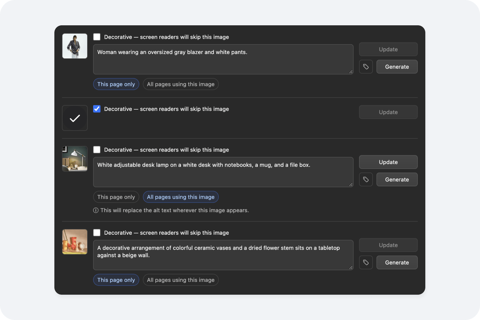 AltTextLab app panel inside Webflow Designer with image thumbnails, alt text fields, and Update and Generate buttons.