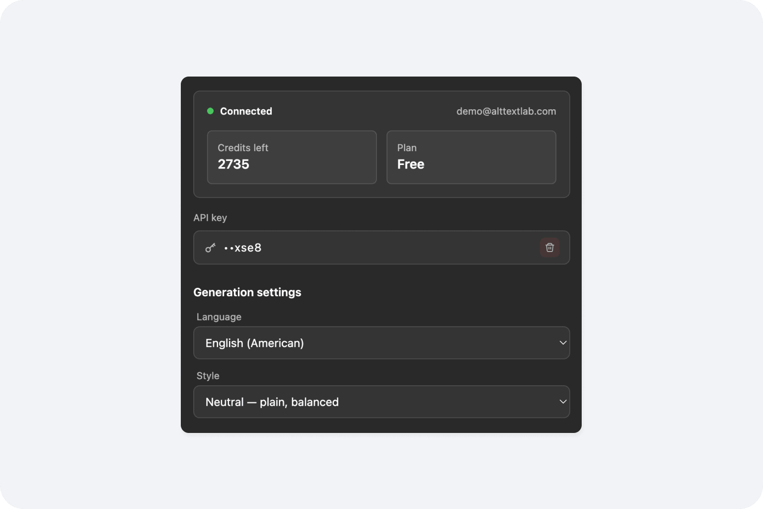 AltTextLab app panel inside Webflow Designer with connection status, credits left, plan, API key, and generation settings.