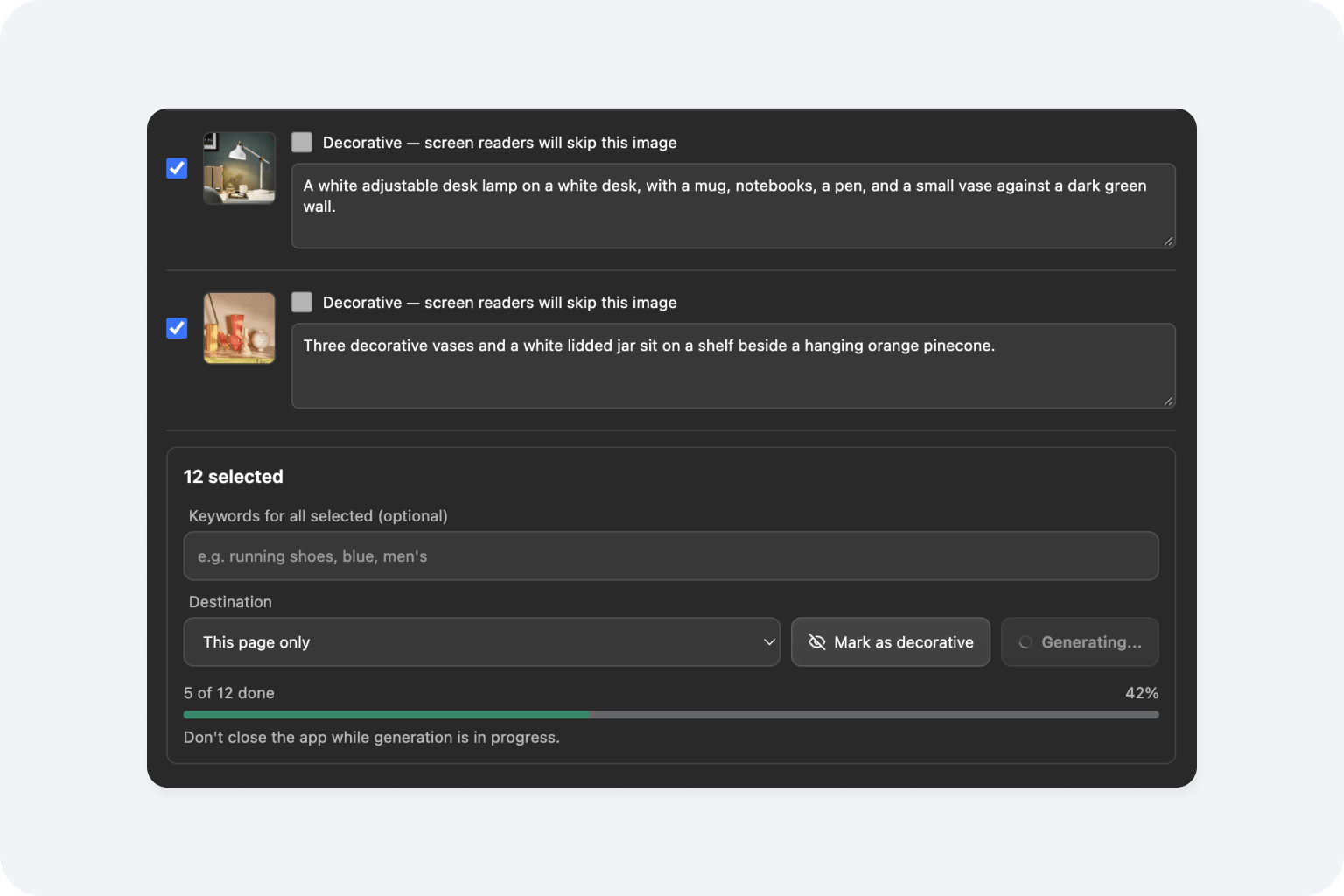 AltTextLab app panel inside Webflow Designer showing selected image descriptions and a generation progress bar.