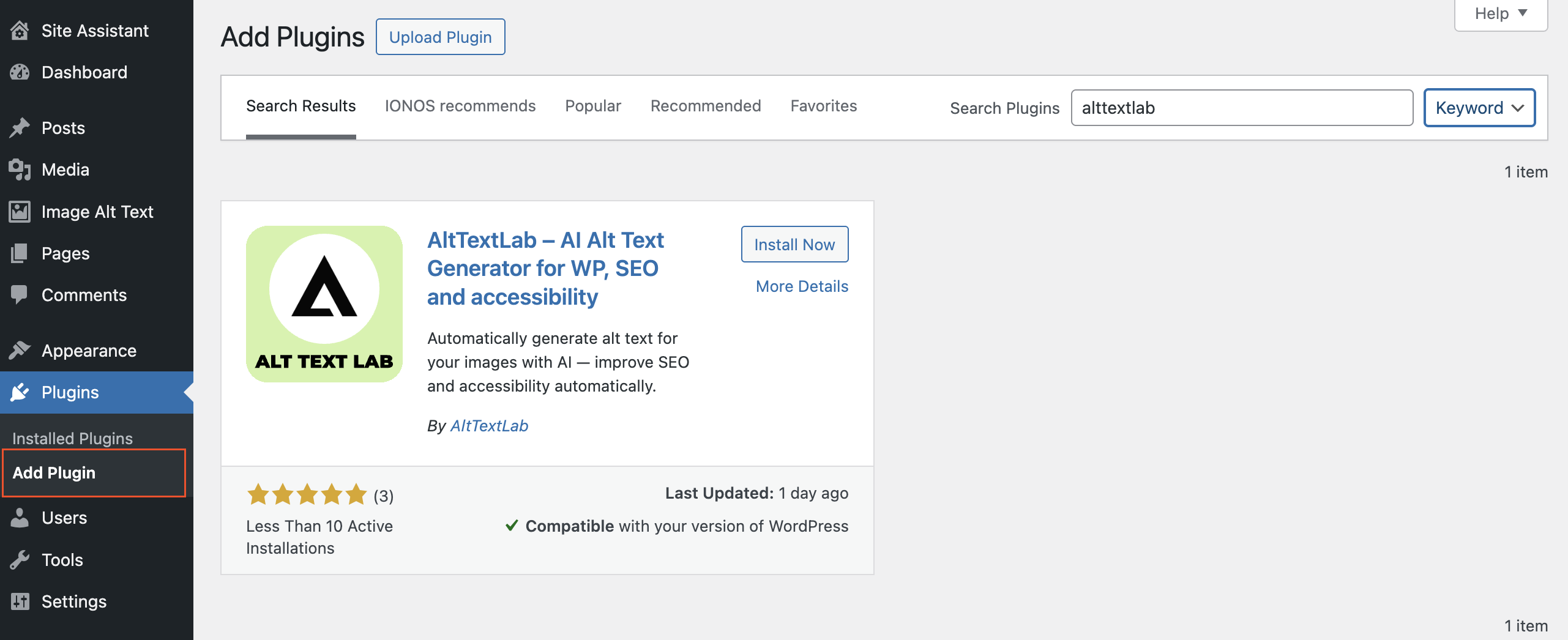 A screenshot of a WordPress dashboard showing the 'Add Plugins' section. The AltTextLab plugin is highlighted, displaying its logo, description, ratings, and an 'Install Now' button.