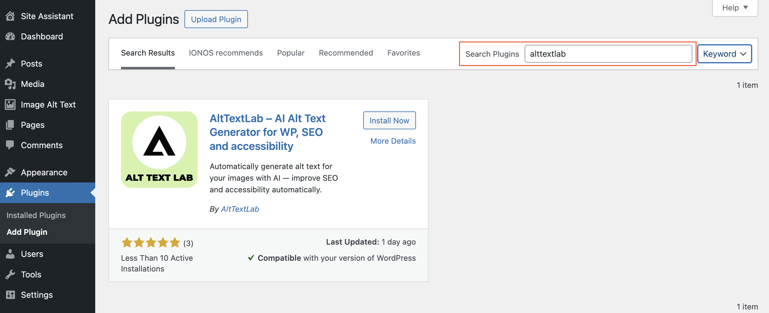 Screenshot of the WordPress Add Plugins page, featuring the AltTextLab plugin. The search bar at the top shows the keyword 'alttextlab', and the plugin description includes features for SEO and accessibility. A green 'Install Now' button is visible.