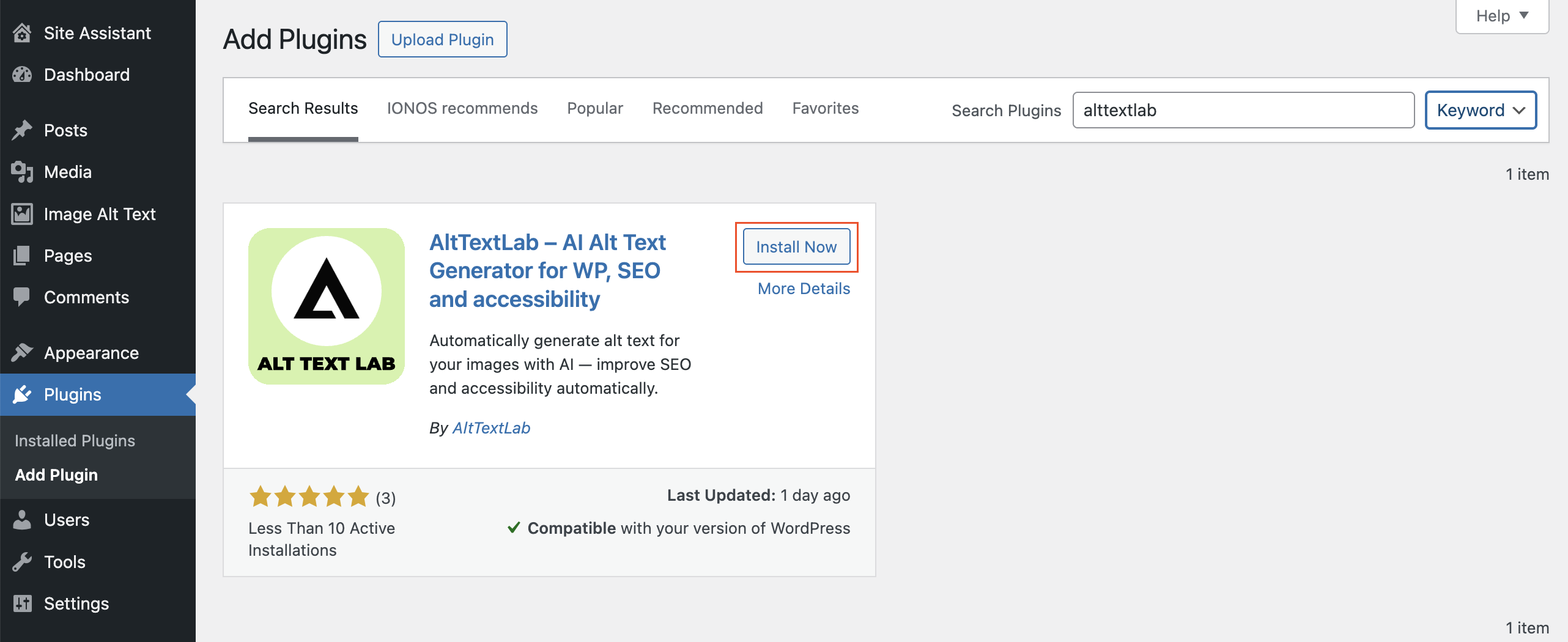 Screenshot of the WordPress 'Add Plugins' page showing the AltTextLab plugin. The plugin offers AI-generated alt text for images, improving SEO and accessibility. An 'Install Now' button is highlighted. Below, the plugin has a star rating and installation details.