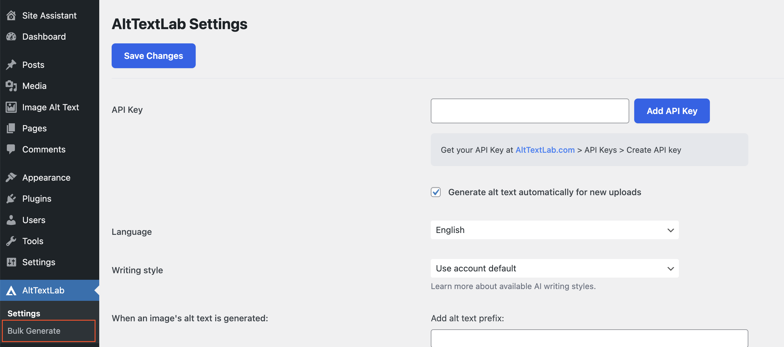 Screenshot of AltTextLab settings page, displaying fields for API Key, language selection, writing style options, and an automatic text generation feature.
