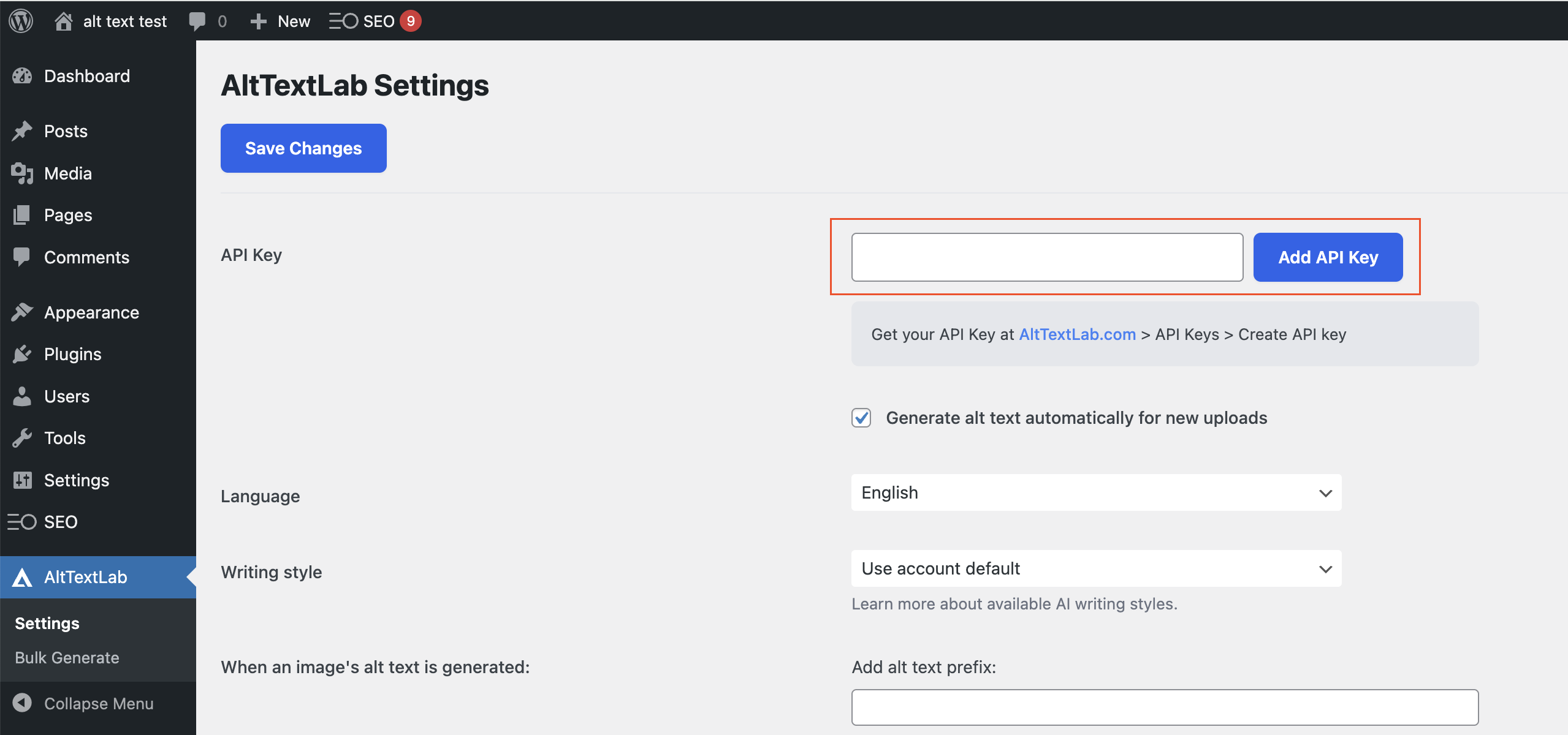 A screenshot of the AltTextLab settings page displaying options for API key, language selection, and writing style preferences. There is a button labeled 'Add API Key' prominently featured.