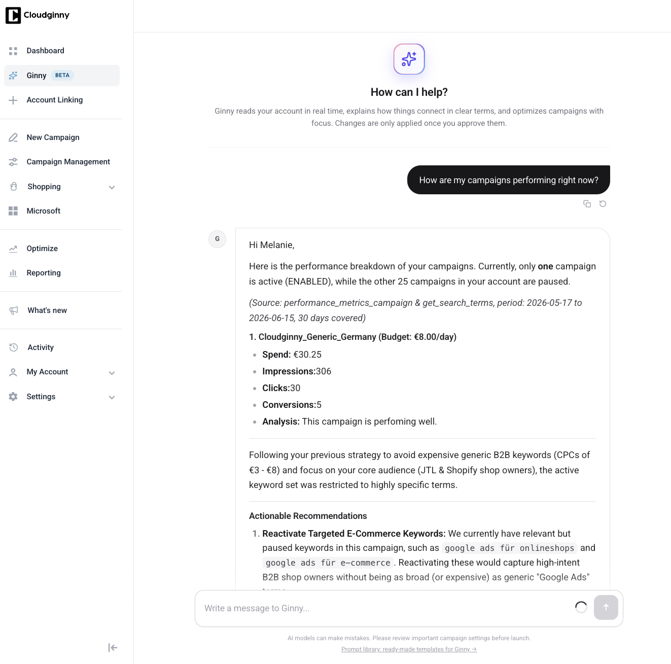 Cloudginny's Ginny assistant proposing concrete Google Ads changes in plain language, with an approval step before the changes go live