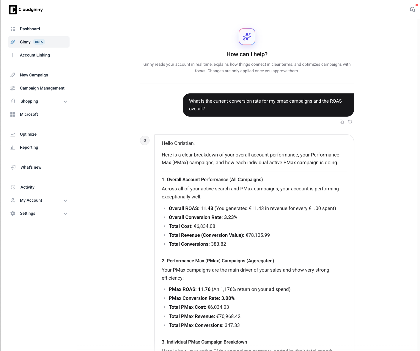 Cloudginny reporting view showing Shopping conversion rate and ROAS for an anonymised client account