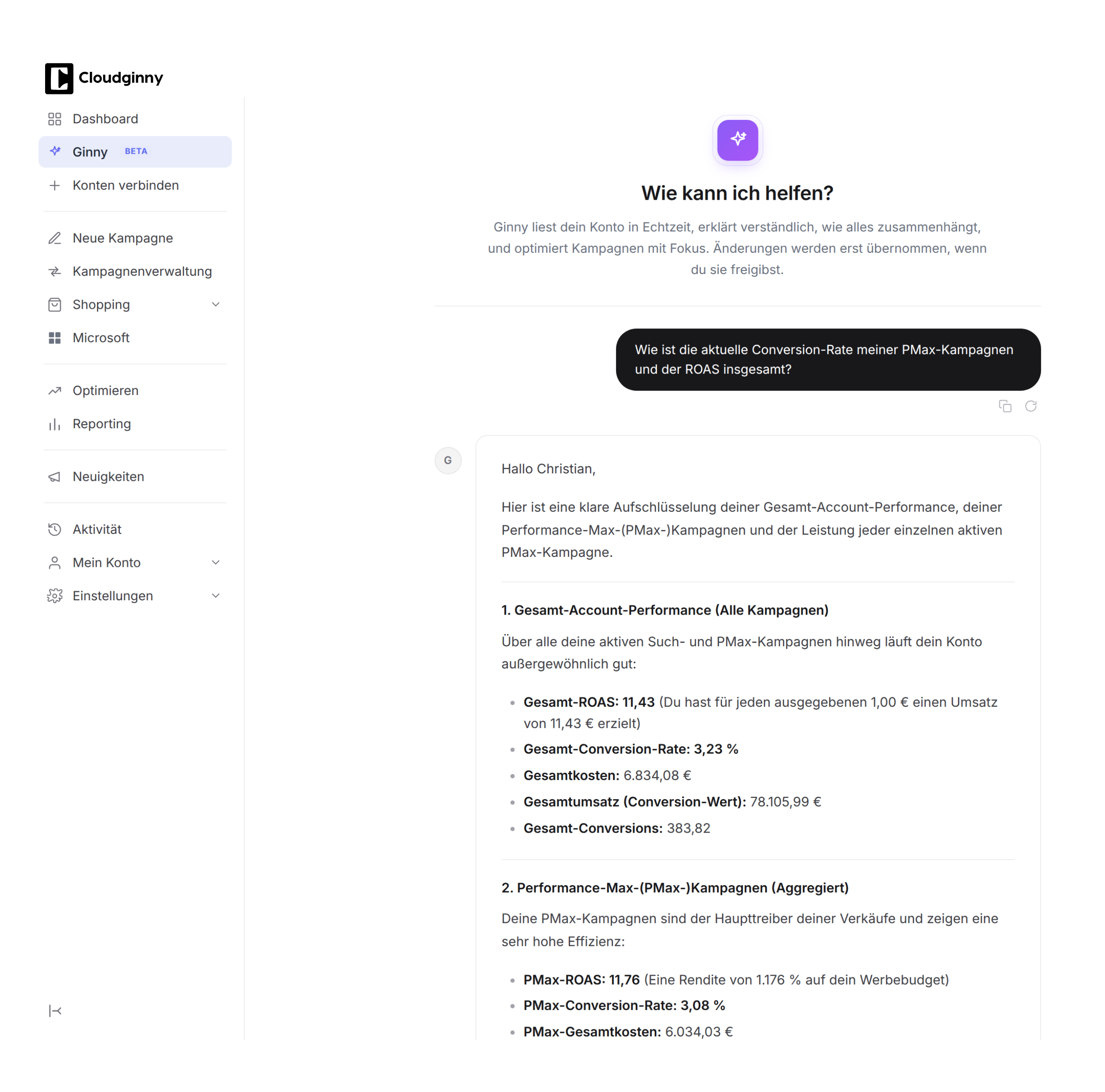 Cloudginny-Reporting-Ansicht mit Shopping-Conversion-Rate und ROAS für ein anonymisiertes Kundenkonto