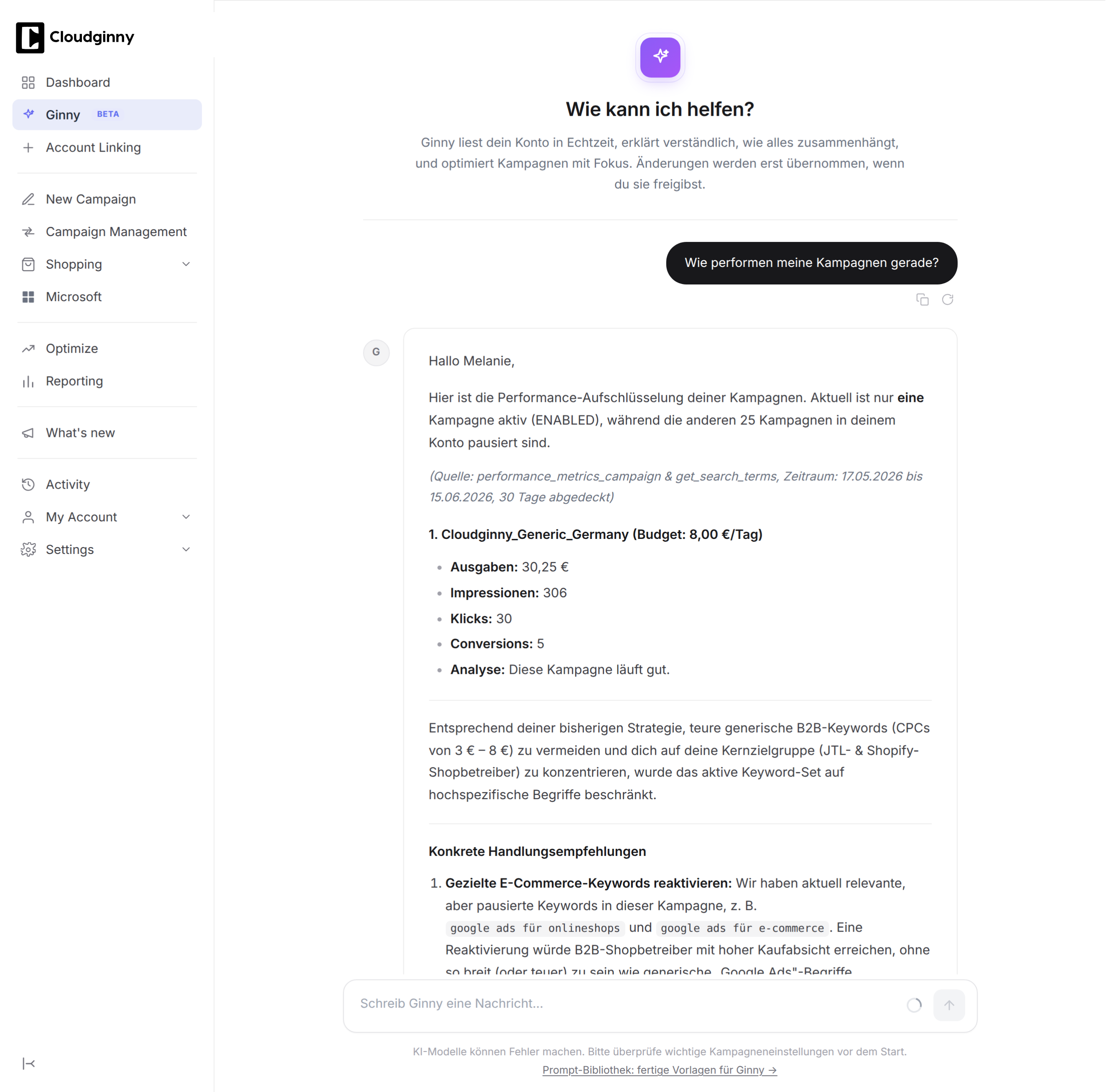 Cloudginnys Ginny-Assistent schlägt konkrete Google-Ads-Änderungen in normaler Sprache vor, mit einem Freigabeschritt, bevor die Änderungen live gehen