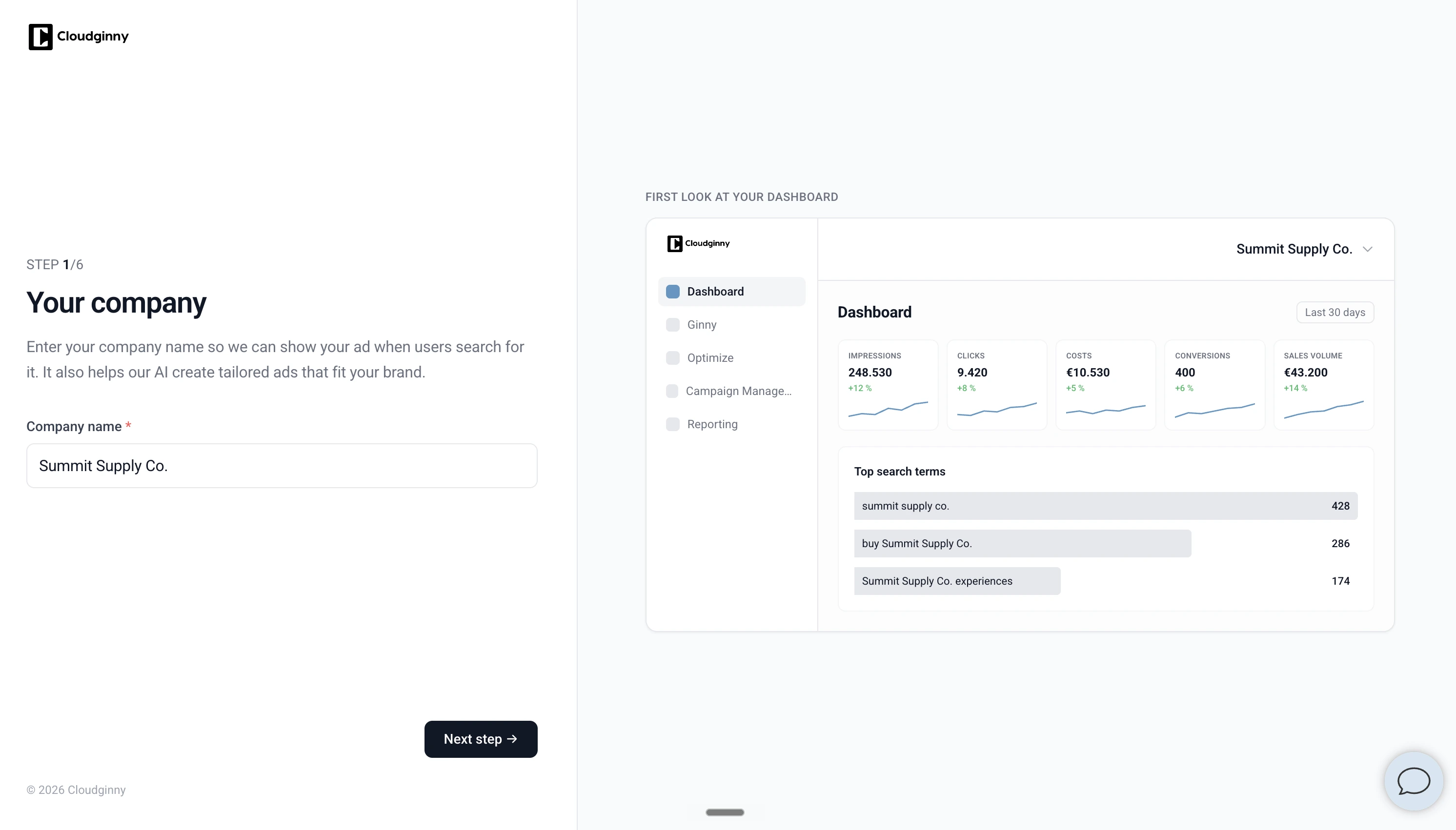 Cloudginny onboarding screen: enter company name to set up Google Ads automation in 2 minutes
