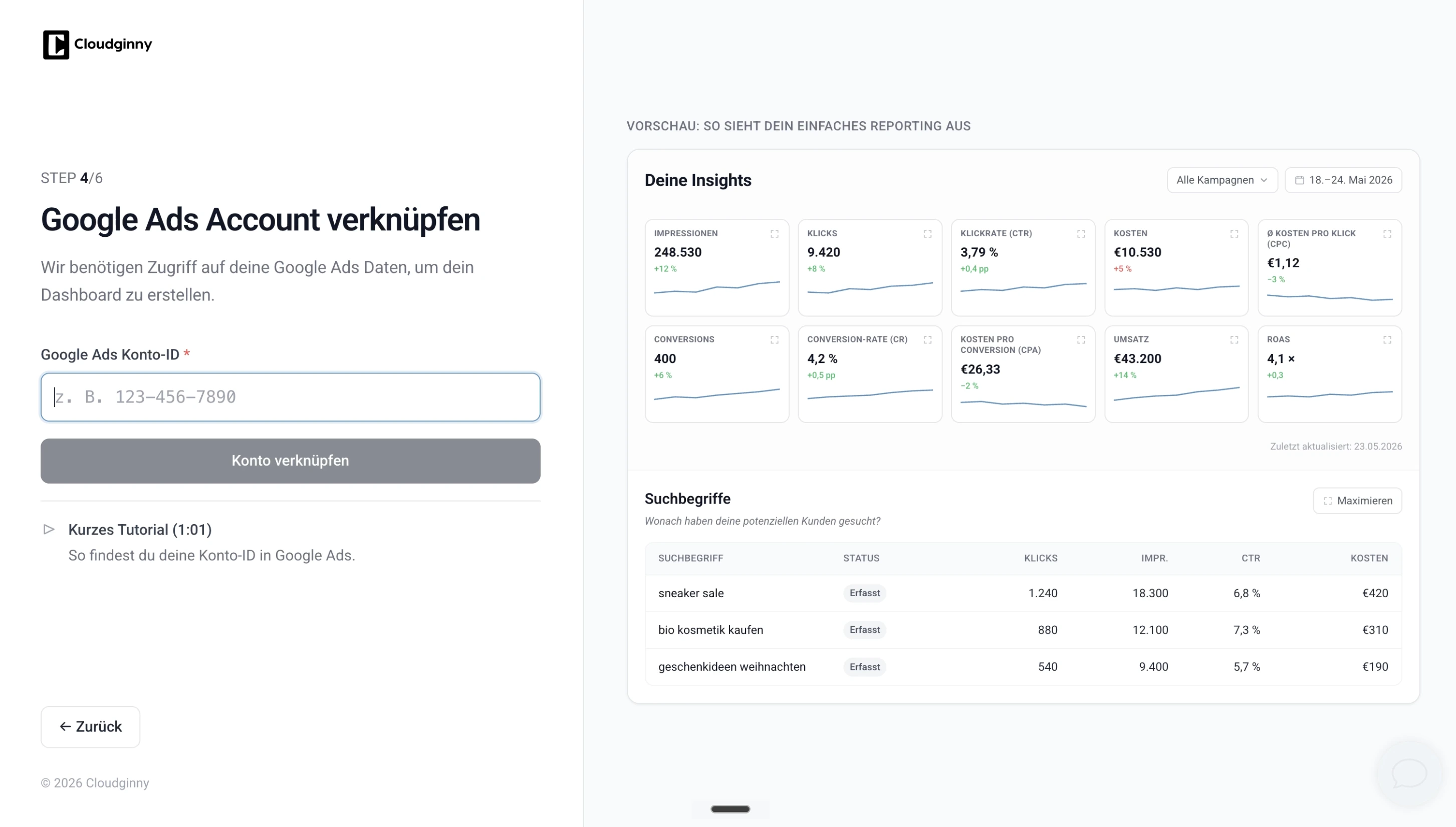 Cloudginny-App: Google-Ads-Konto verbinden mit Schritt-für-Schritt-Video-Anleitung