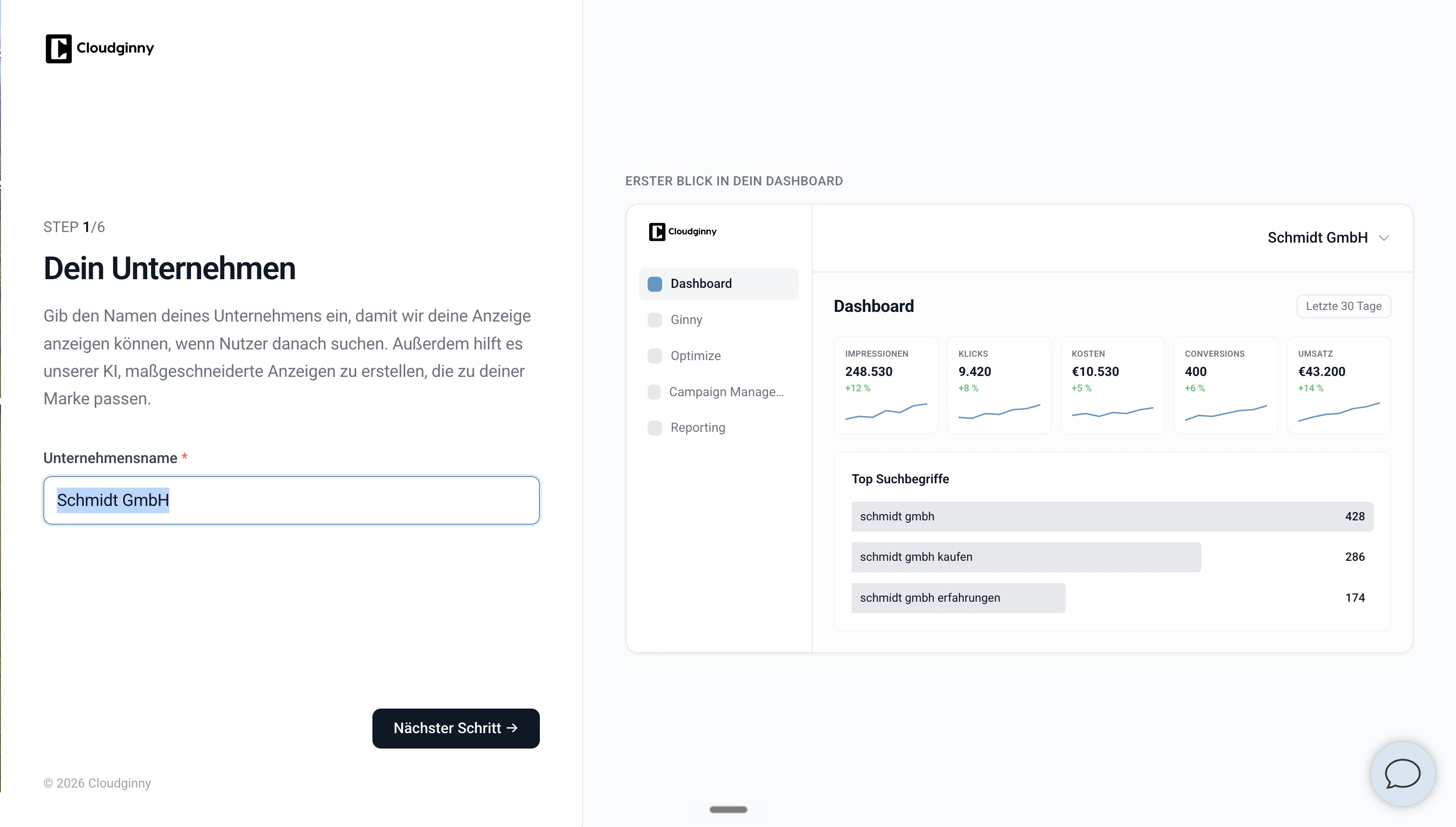 Cloudginny-Onboarding: Firmennamen eingeben und Google-Ads-Automatisierung in 2 Minuten einrichten