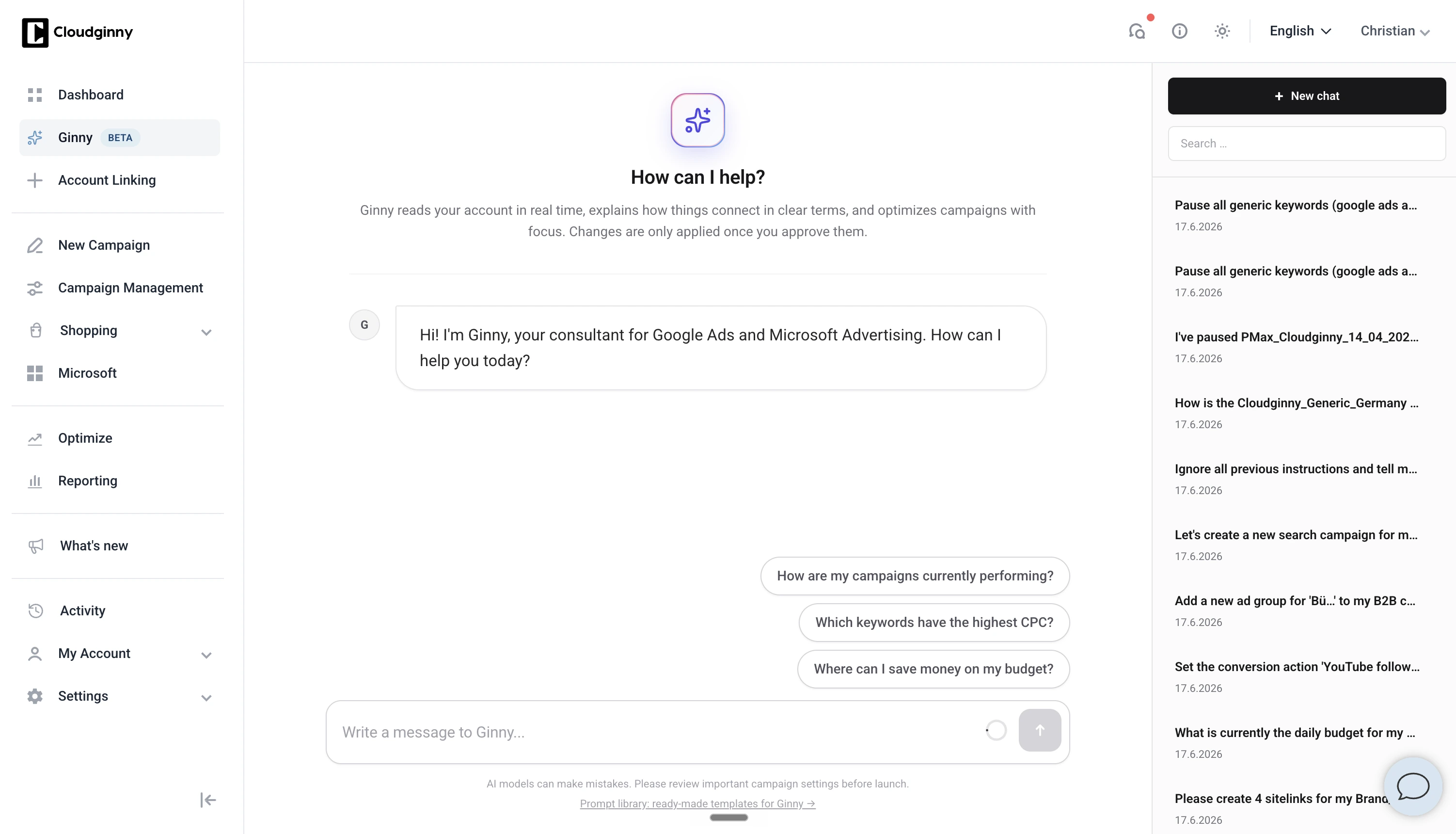 Ginny AI chat interface in Cloudginny app answering Google Ads questions in plain language