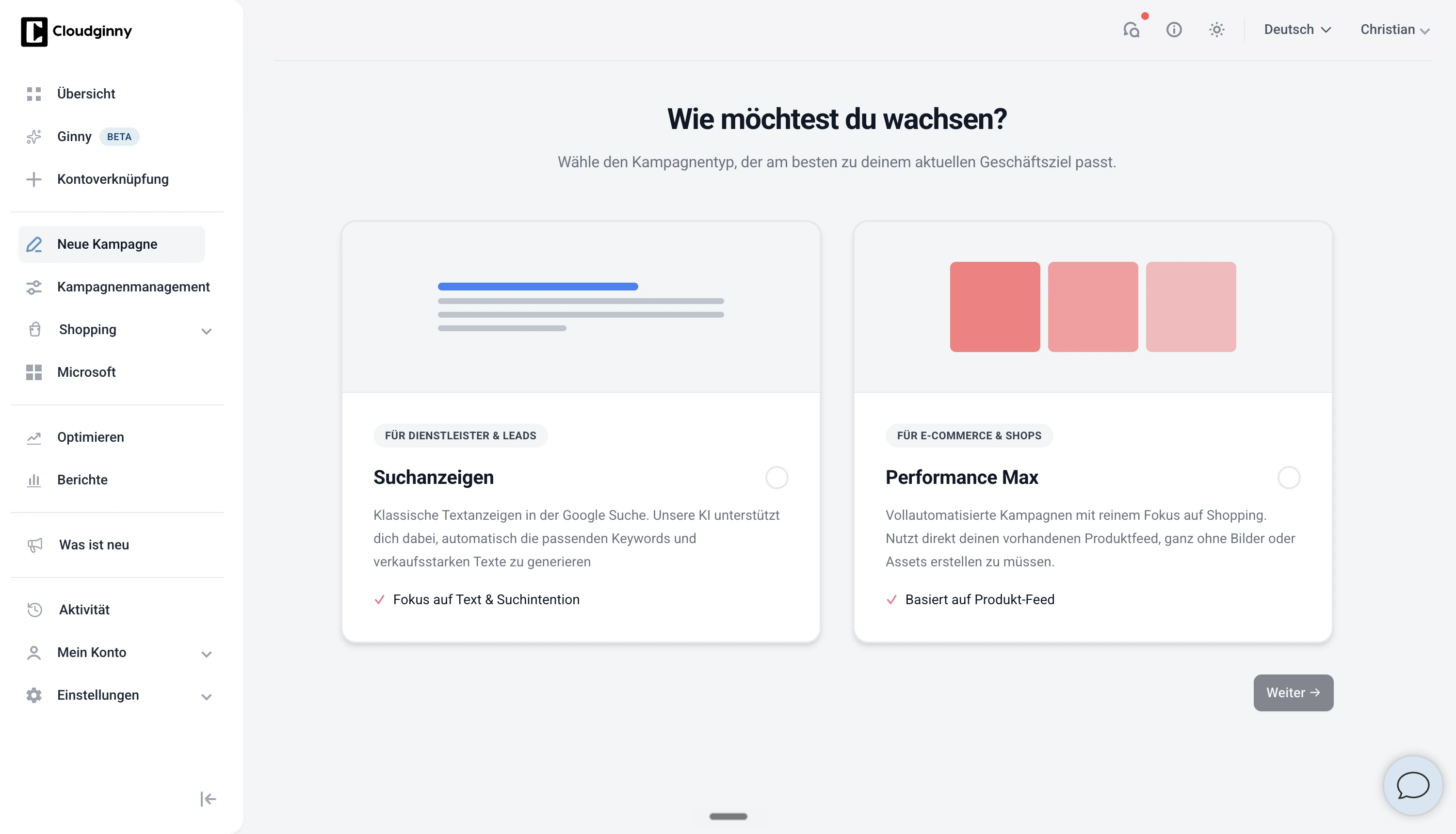 Cloudginny-Kampagnen-Setup mit Search-Ads- und Performance-Max-Optionen für Online-Shops