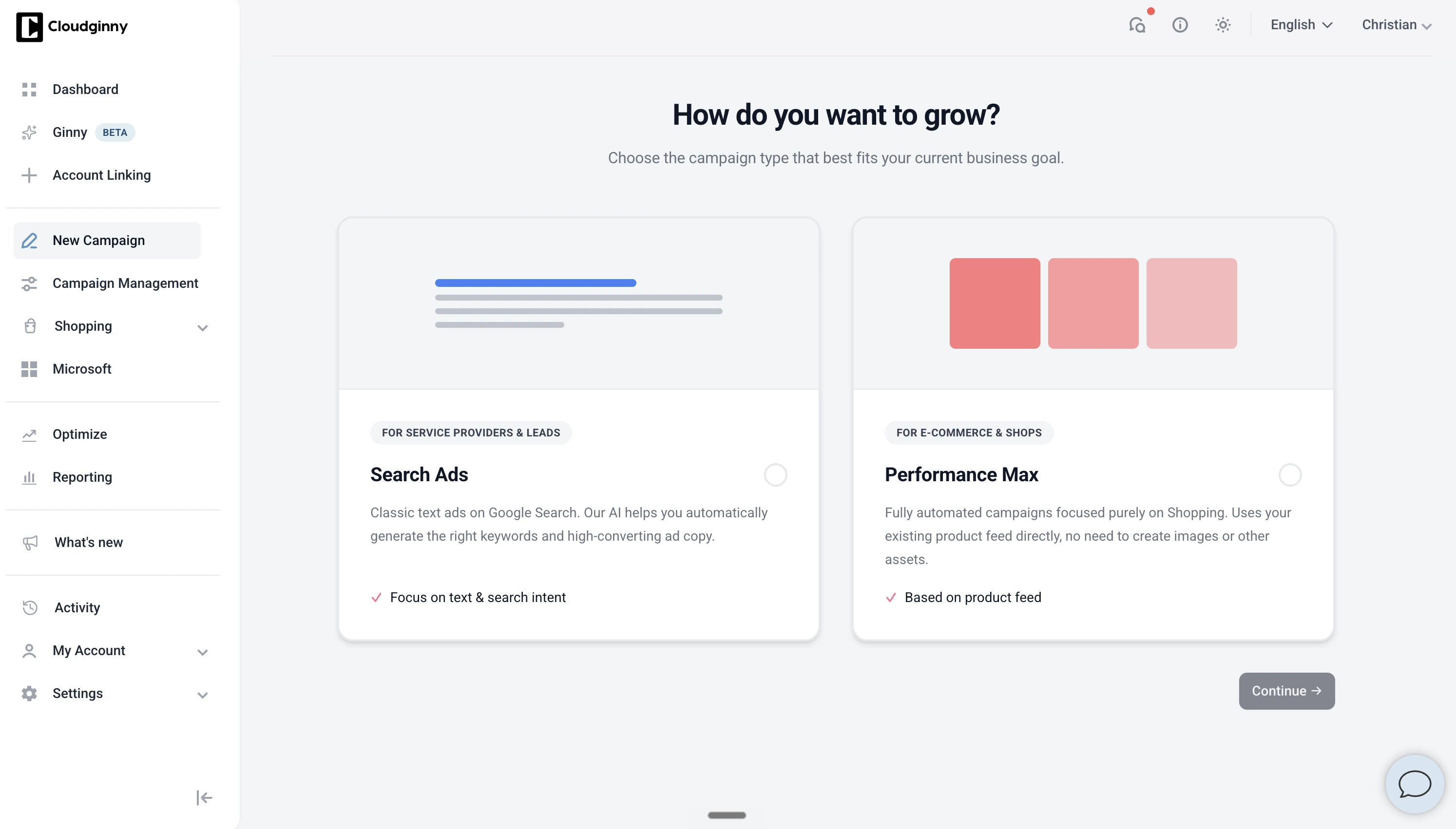 Cloudginny campaign setup screen with Search Ads and Performance Max options for e-commerce stores