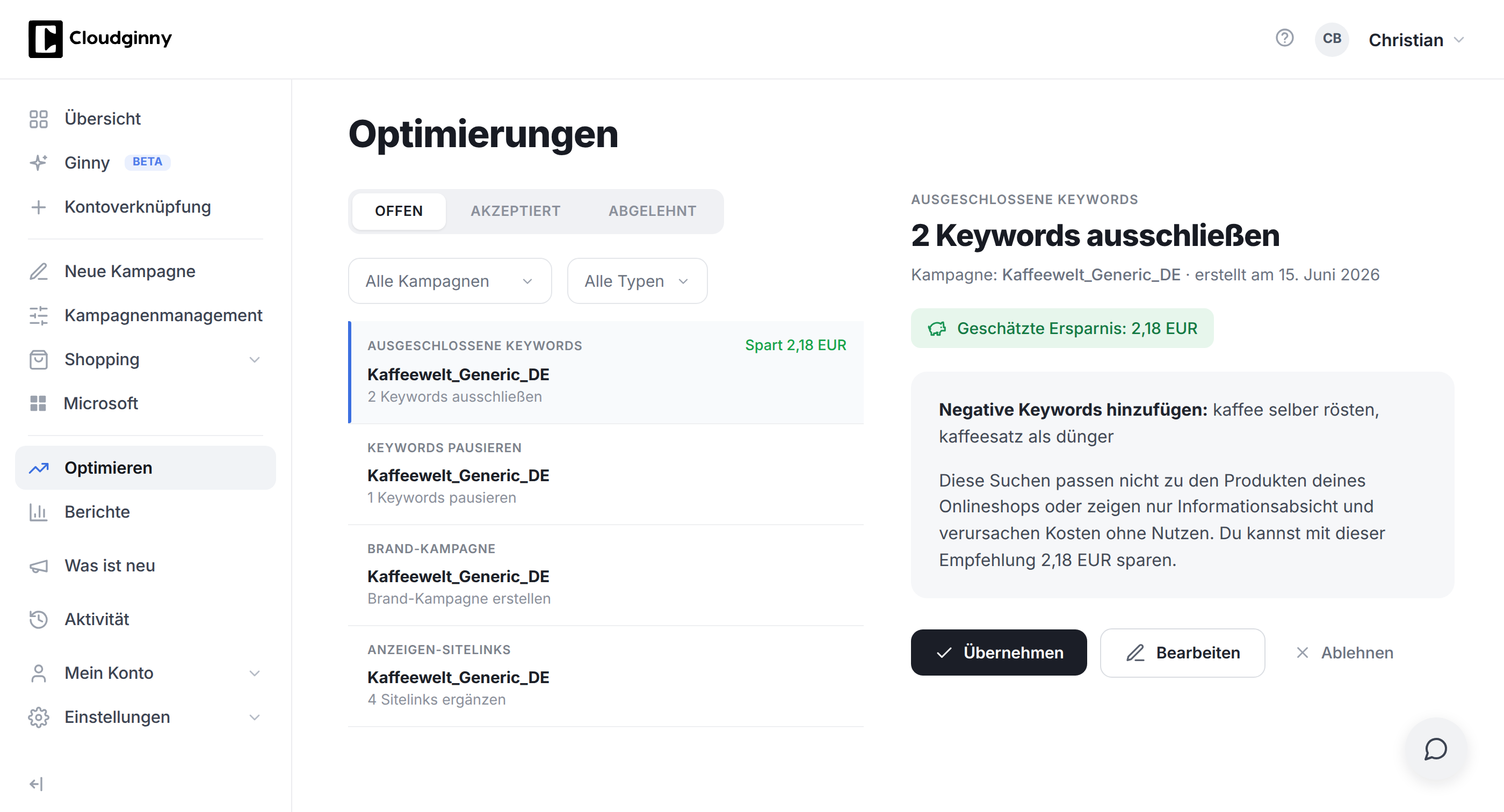 Empfehlung f&uuml;r Ausschluss-Keywords in Cloudginny mit Wortliste und Kosten