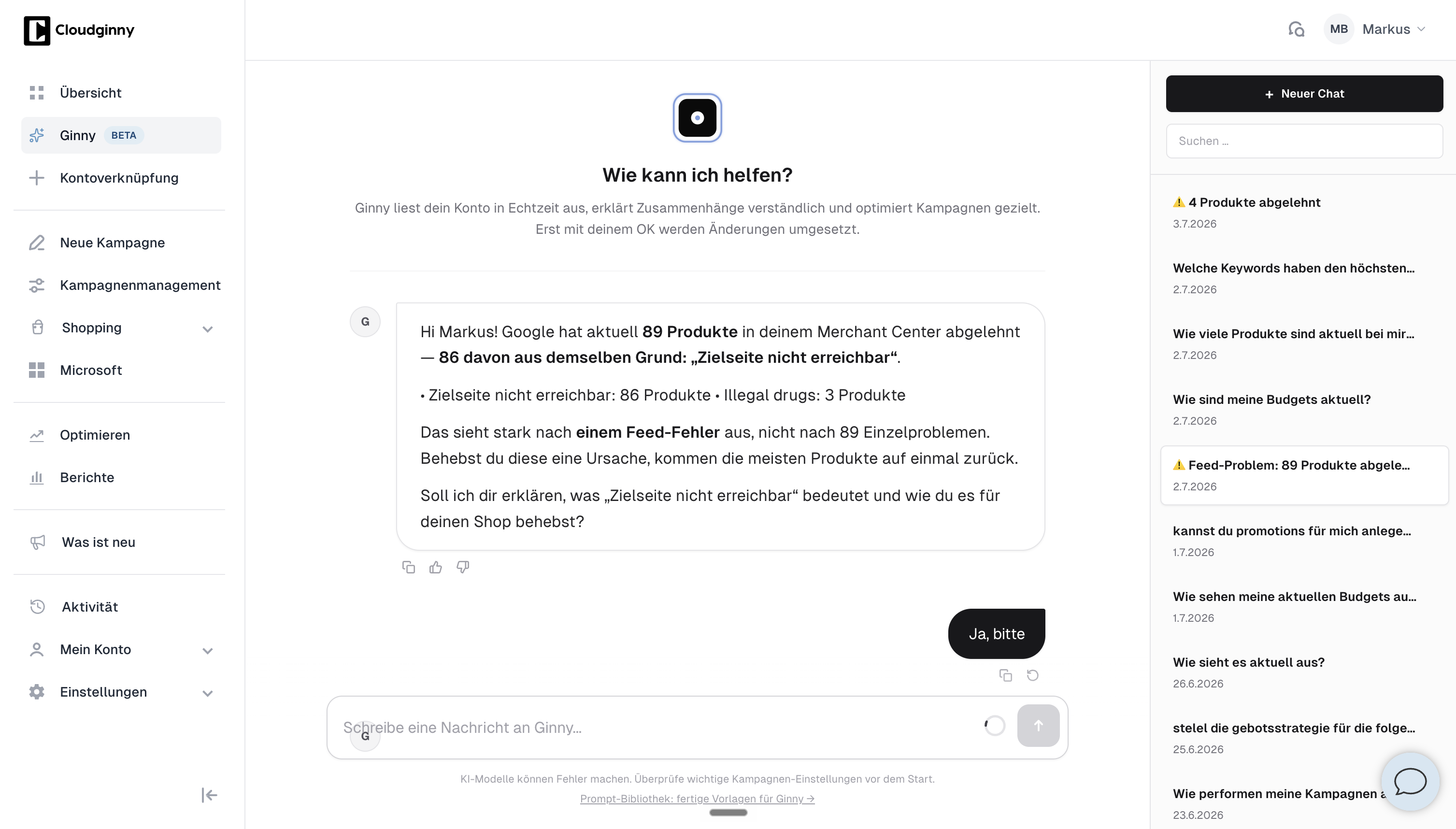 Ginny-Chat zu abgelehnten Produkten im Google Merchant Center