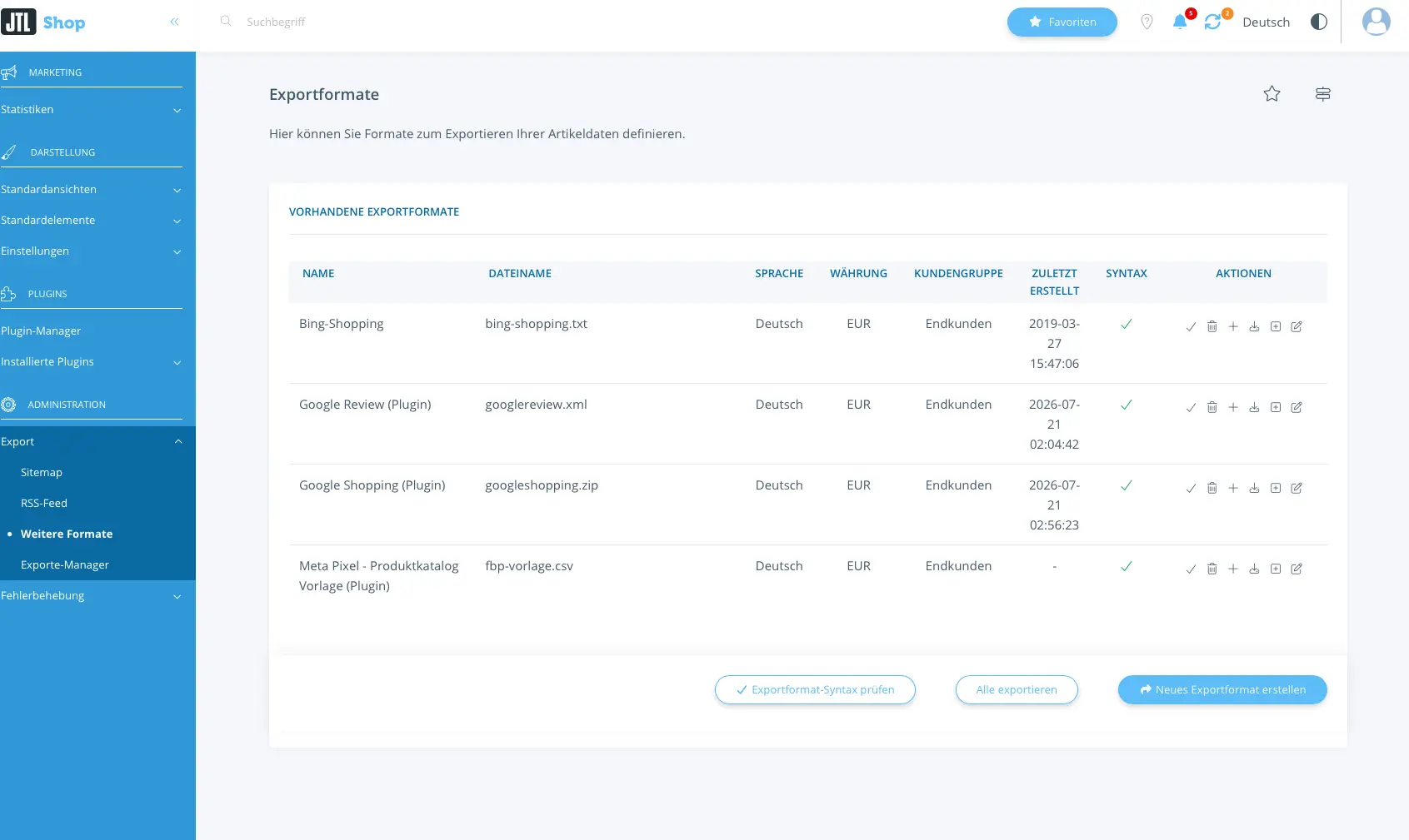 JTL-Shop-Backend unter Export, Weitere Formate: In der Liste der vorhandenen Exportformate steht Google Shopping (Plugin) mit dem Dateinamen googleshopping.zip, daneben die Aktionen zum Bearbeiten und Exportieren.