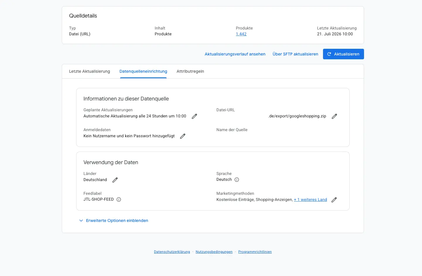 Google Merchant Center, Datenquelleneinrichtung: Die Datei-URL endet auf /export/googleshopping.zip, die automatische Aktualisierung l&auml;uft alle 24 Stunden um 10 Uhr, und es sind keine Anmeldedaten hinterlegt.
