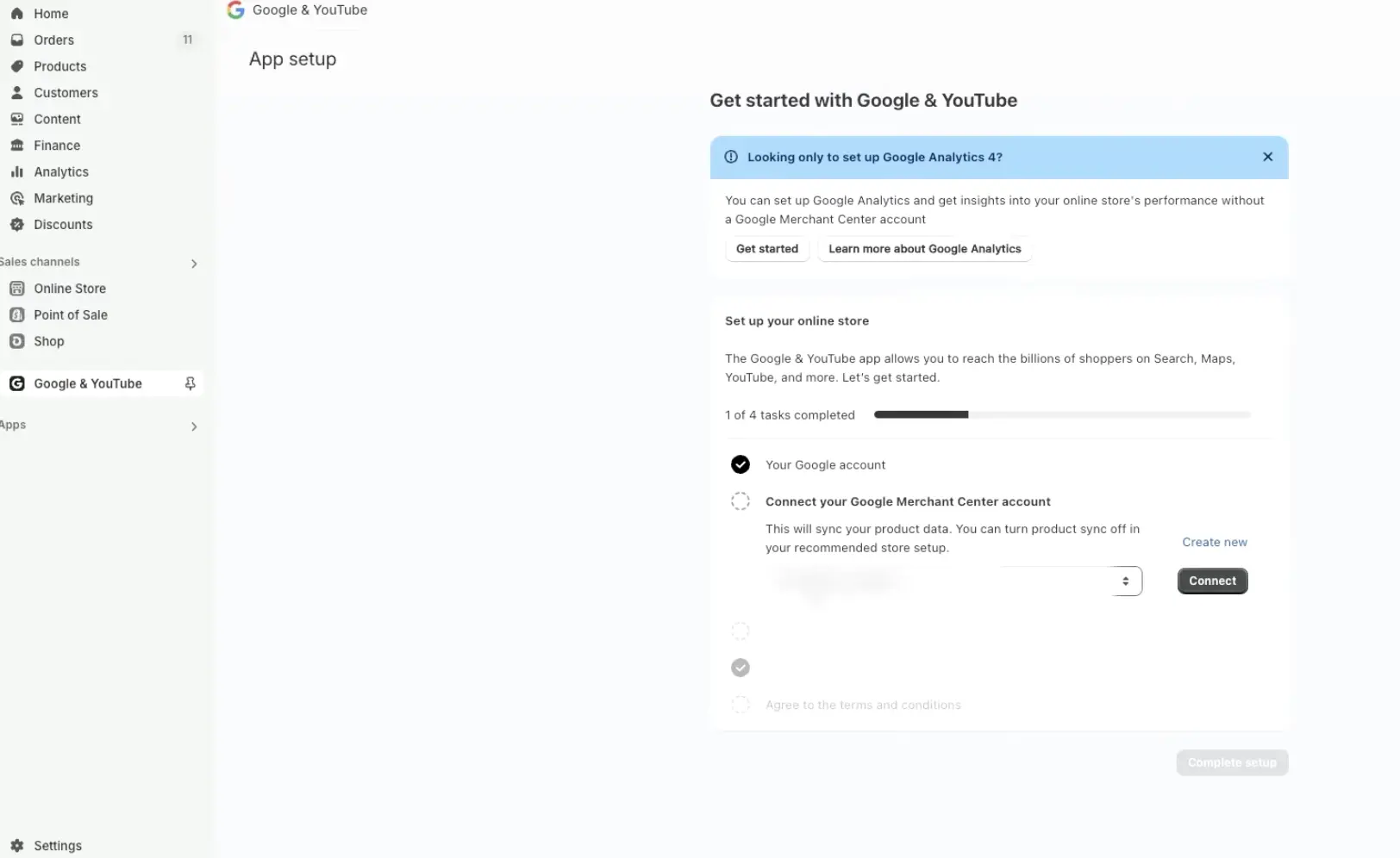 Shopify-Admin, Vertriebskan&auml;le, Google & YouTube: Der Einrichtungsassistent zeigt eine von vier Aufgaben als erledigt. Das Google-Konto ist verbunden, als n&auml;chster Schritt wird das Merchant-Center-Konto &uuml;ber die Schaltfl&auml;che Connect verkn&uuml;pft, die restlichen Schritte bis zu den Nutzungsbedingungen sind noch offen.