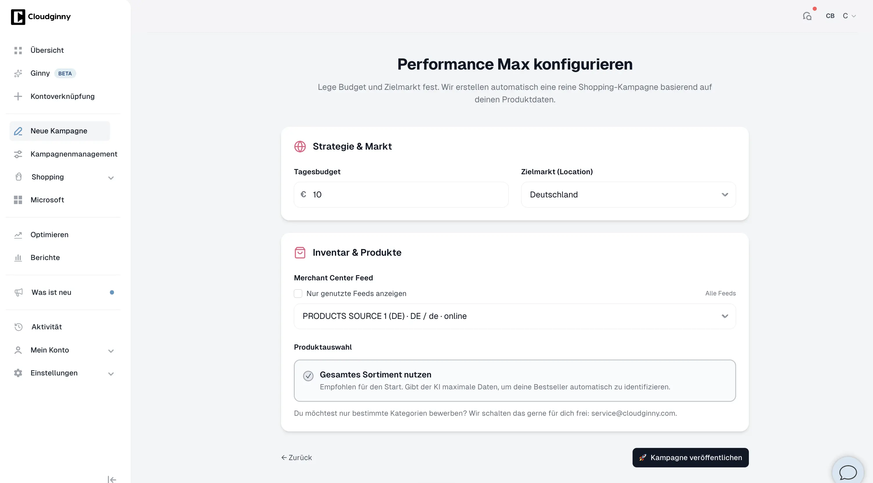 Gef&uuml;hrter Assistent zum Anlegen einer Performance-Max-Kampagne mit Budget und Zielmarkt